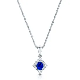 18ct White Gold Oval Cut Sapphire And Diamond Halo Pendant