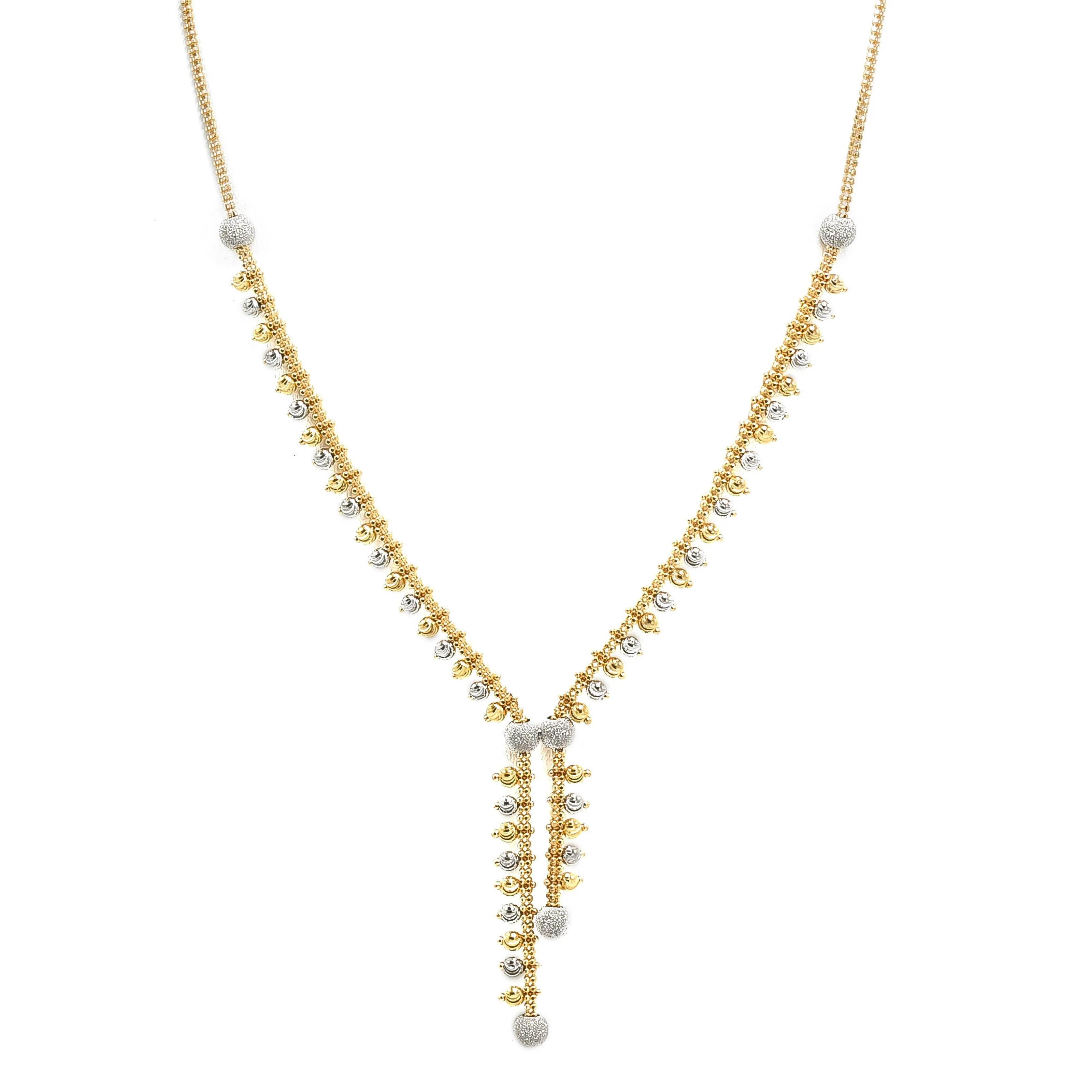 22K Multi Tone Gold Earrings & Necklace Set W/ Yellow & White Gold Beaded Lariat Design