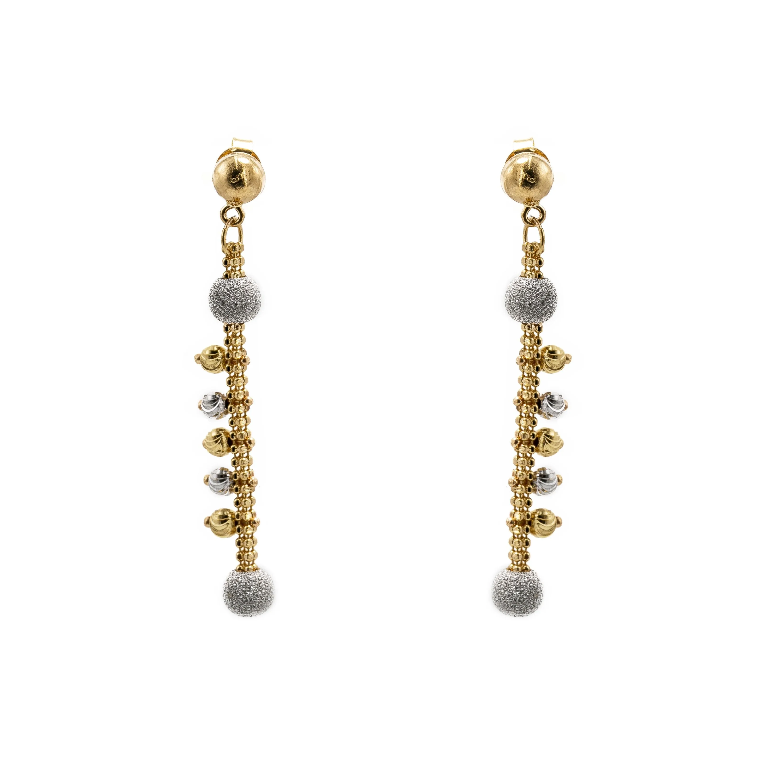 22K Multi Tone Gold Earrings & Necklace Set W/ Yellow & White Gold Beaded Lariat Design