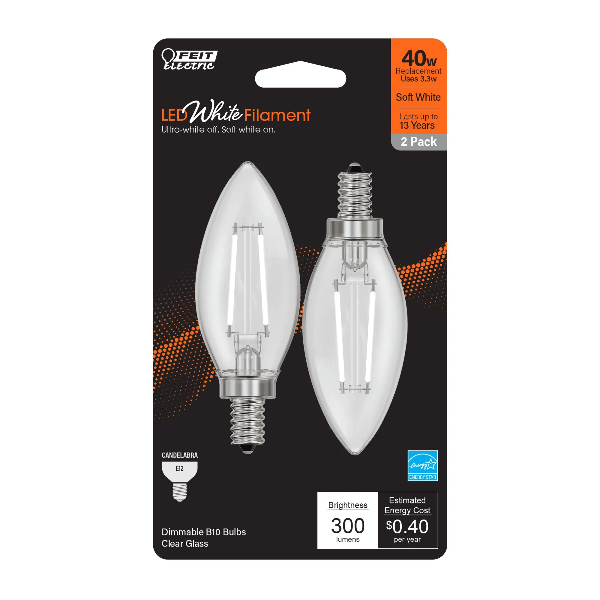 3.3W (40W Equivalent) Soft White (2700K) Chandelier B10 (E12 Base) Torpedo Tip Exposed White Filament LED Light Bulb (2-Pack)