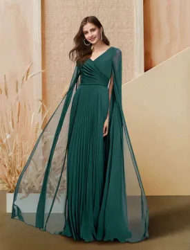 A-Line Evening Gown Dress Prom Floor Length Long Sleeve V Neck Chiffon with Sleek Pleats