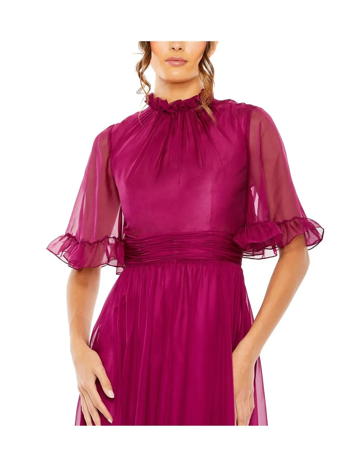 A-Line Evening Gown Elegant Dress Wedding Guest Black Tie Floor Length Short Sleeve High Neck Chiffon with Ruched