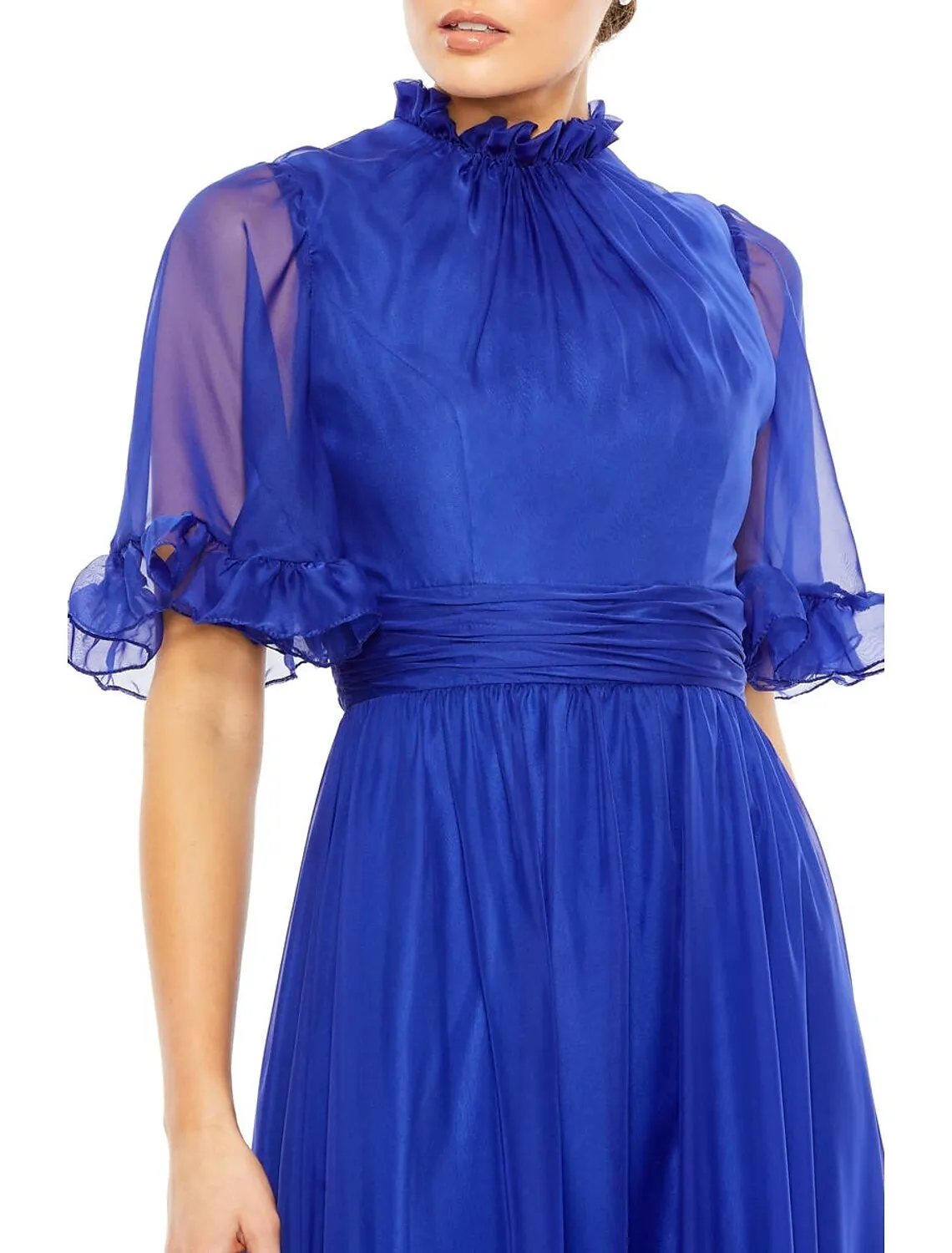 A-Line Evening Gown Elegant Dress Wedding Guest Black Tie Floor Length Short Sleeve High Neck Chiffon with Ruched