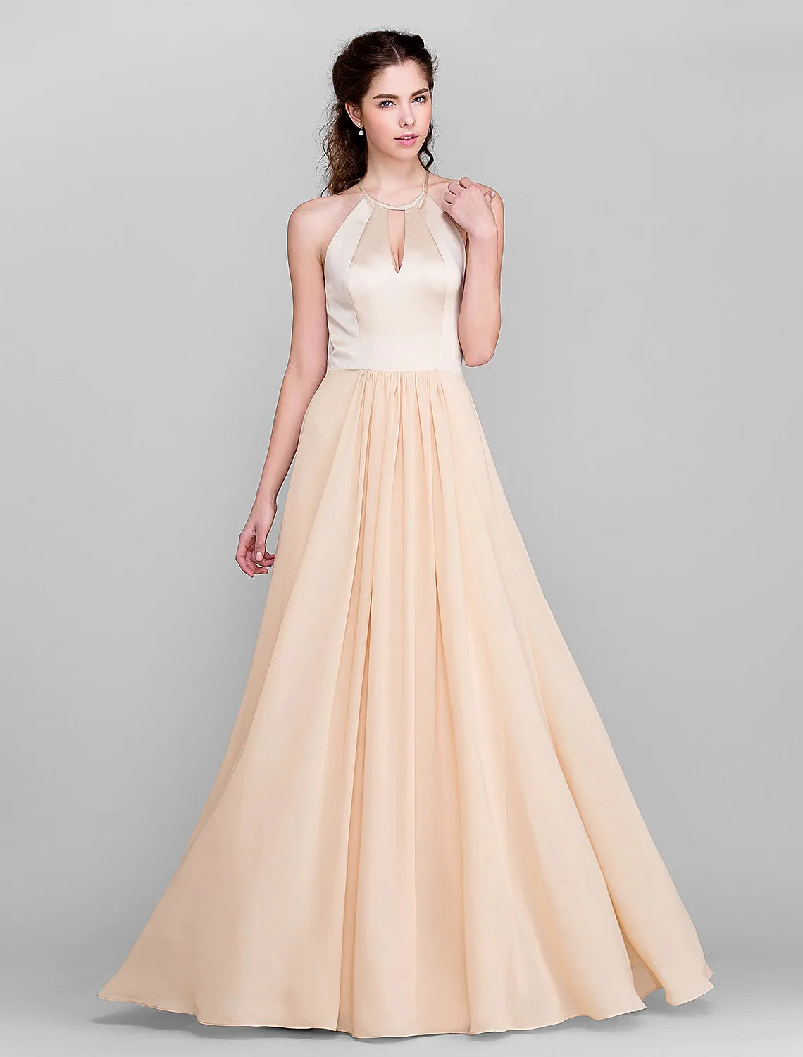 A-Line Jewel Neck Floor Length Chiffon / Satin Bridesmaid Dress with Pleats