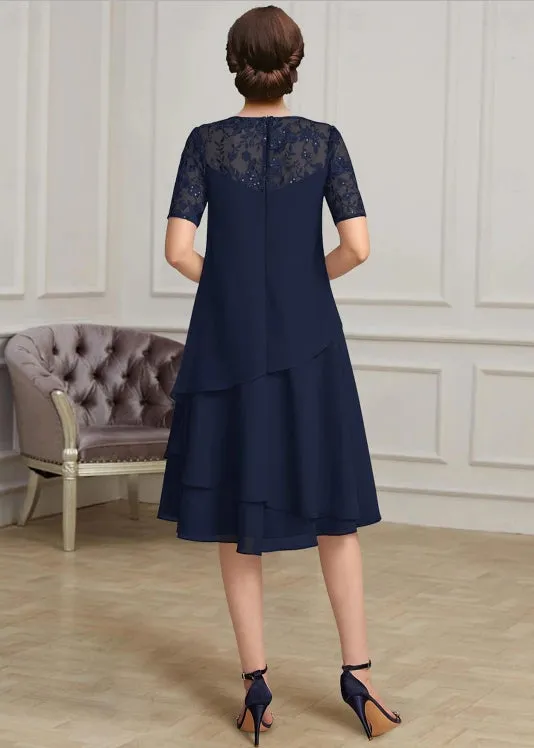 A-Line Mother of the Bride Dress Elegant Jewel Neck Short Sleeve with Lace