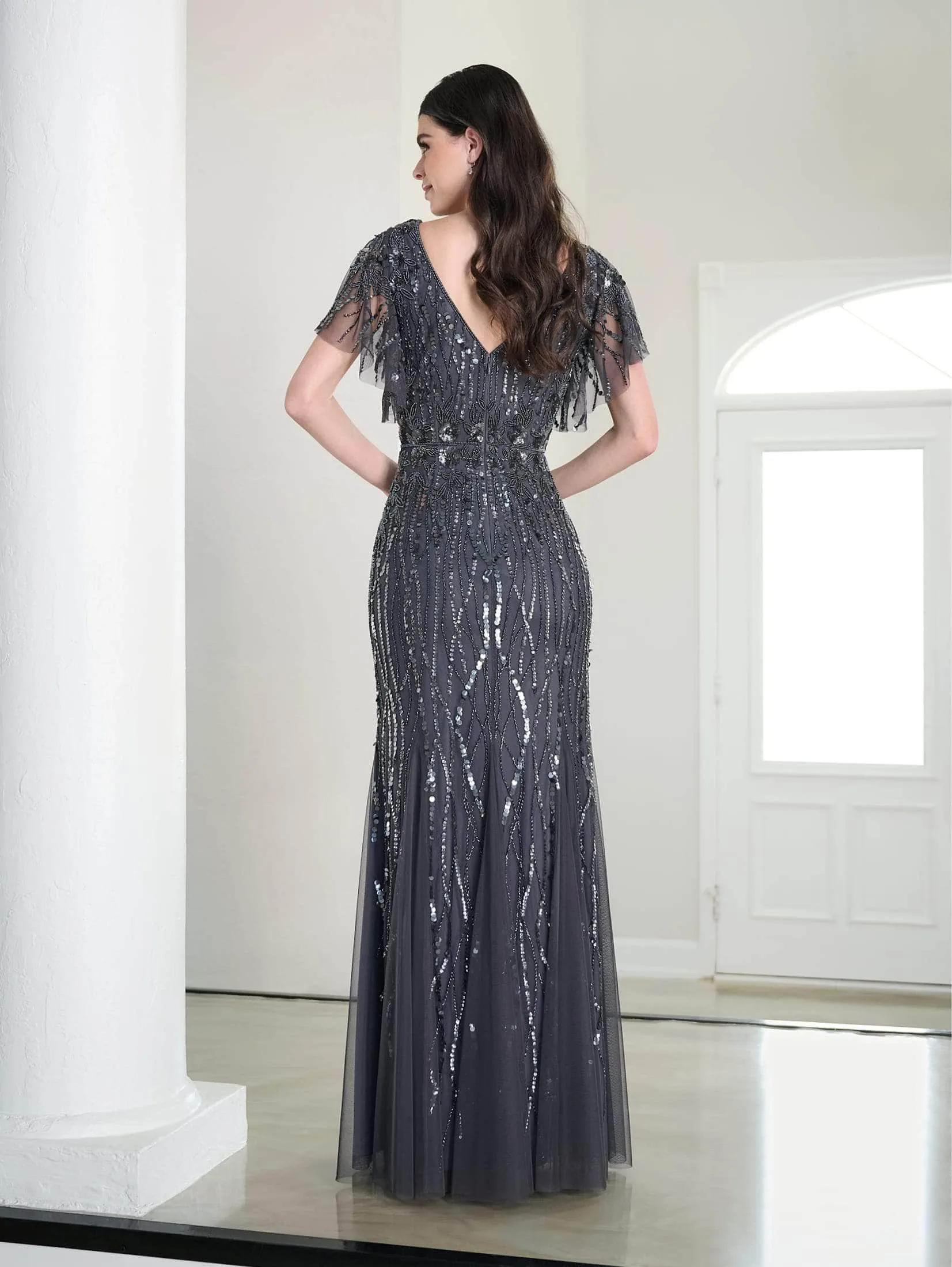 Adrianna Papell Platinum Long Dress - 40452 Sequined with Elegant Flutter Sleeves
