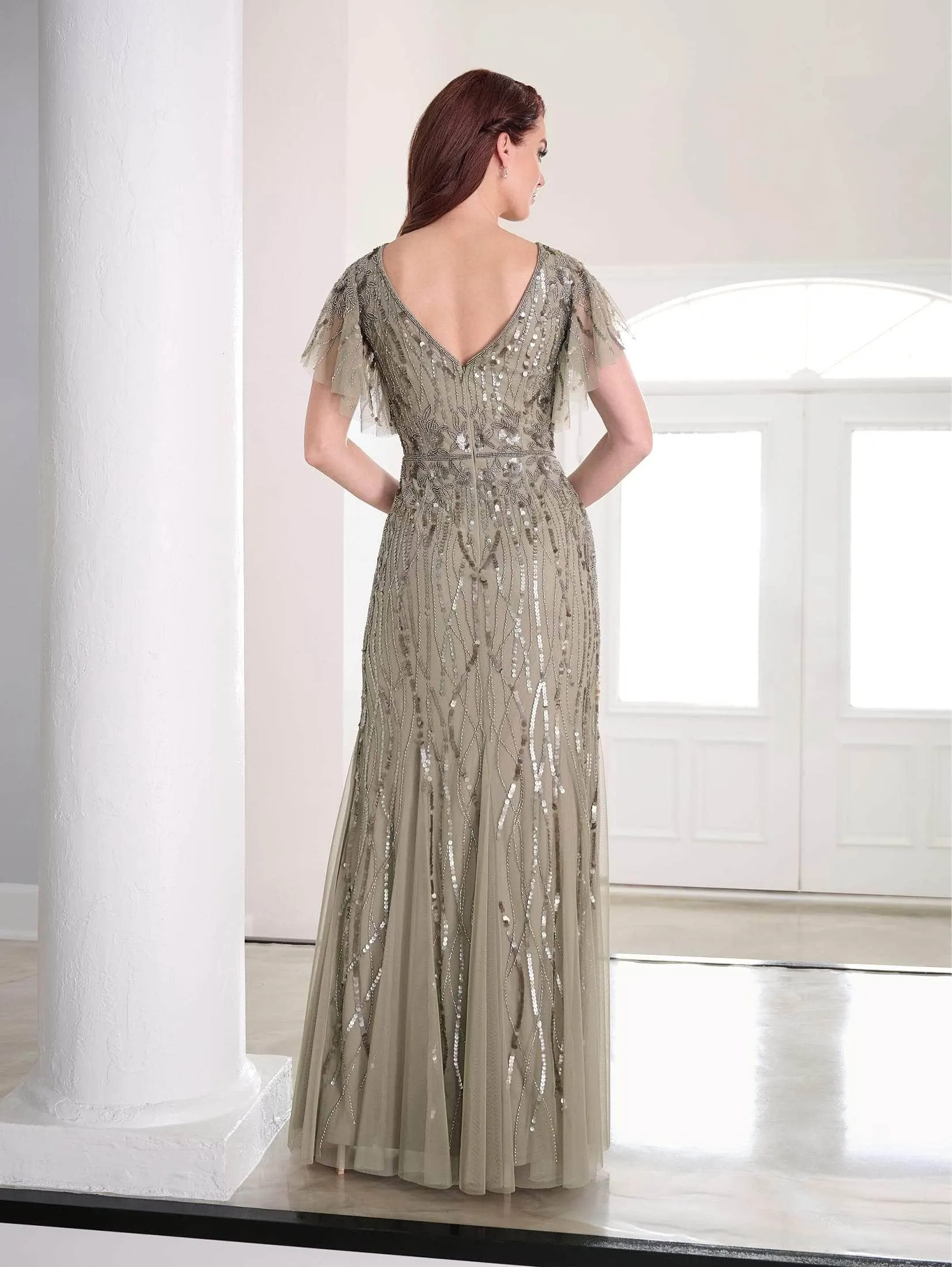 Adrianna Papell Platinum Long Dress - 40452 Sequined with Elegant Flutter Sleeves