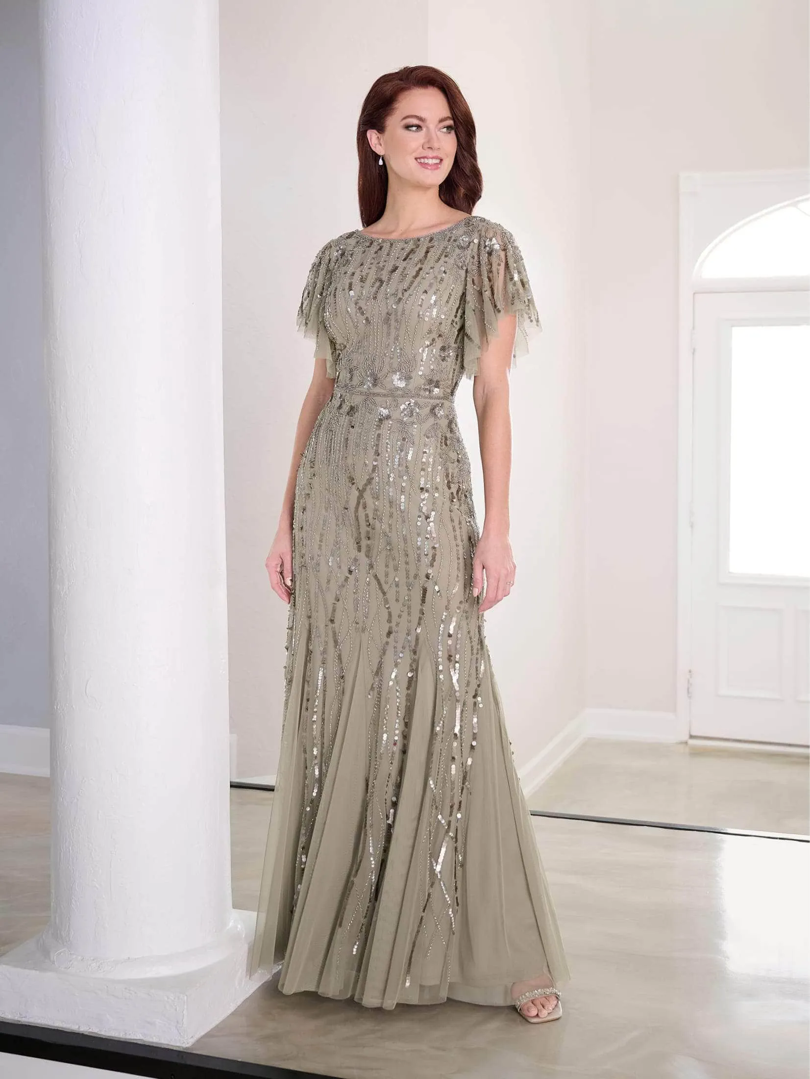 Adrianna Papell Platinum Long Dress - 40452 Sequined with Elegant Flutter Sleeves