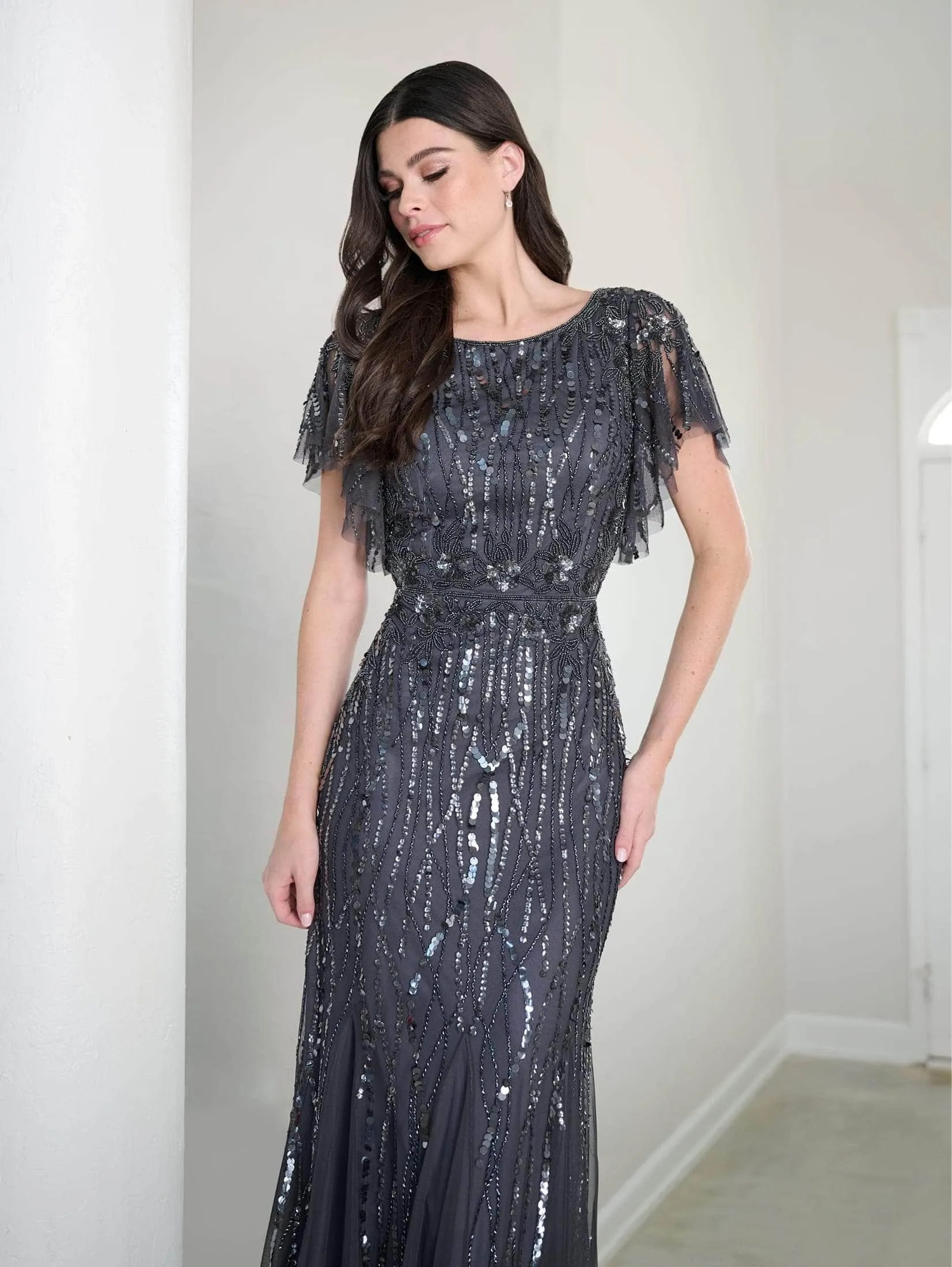Adrianna Papell Platinum Long Dress - 40452 Sequined with Elegant Flutter Sleeves