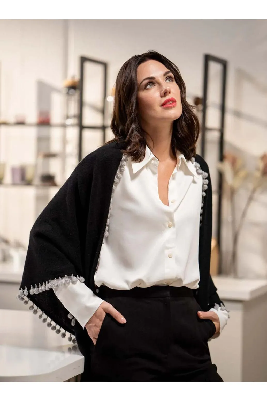 Alpine Cashmere Pom-Pom Triangle Wrap | Black/Birch