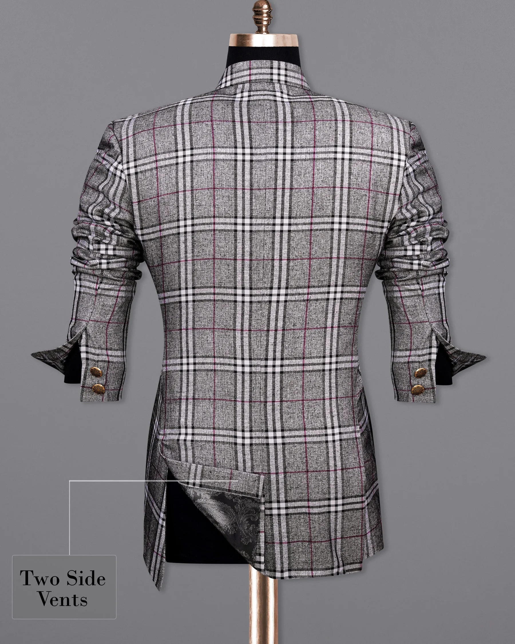 Amethyst Gray with Black Plaid Cross Placket Bandhgala Blazer