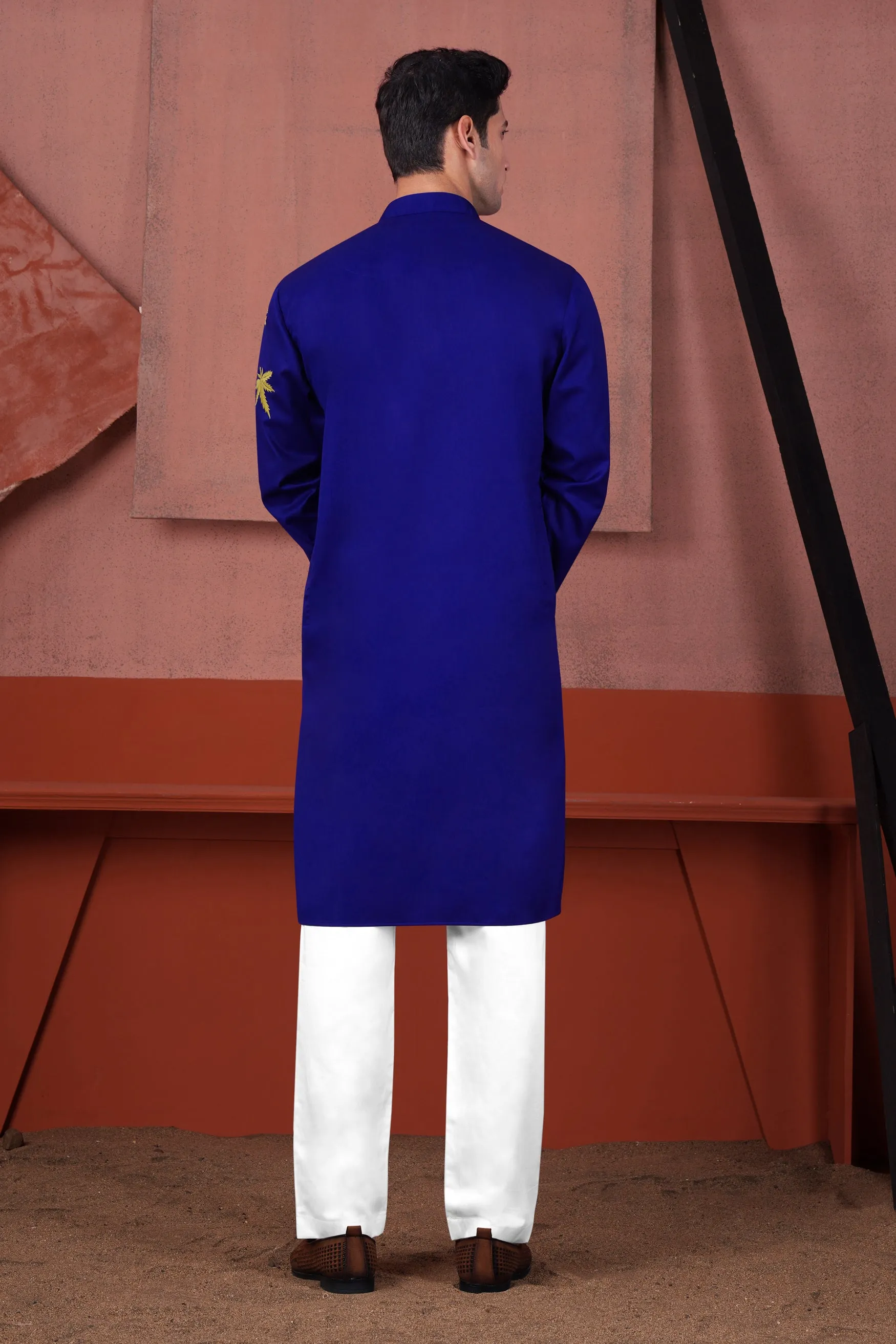 Arapawa Blue with Leaves Embroidered Subtle Sheen Super Soft Premium Cotton Designer Kurta