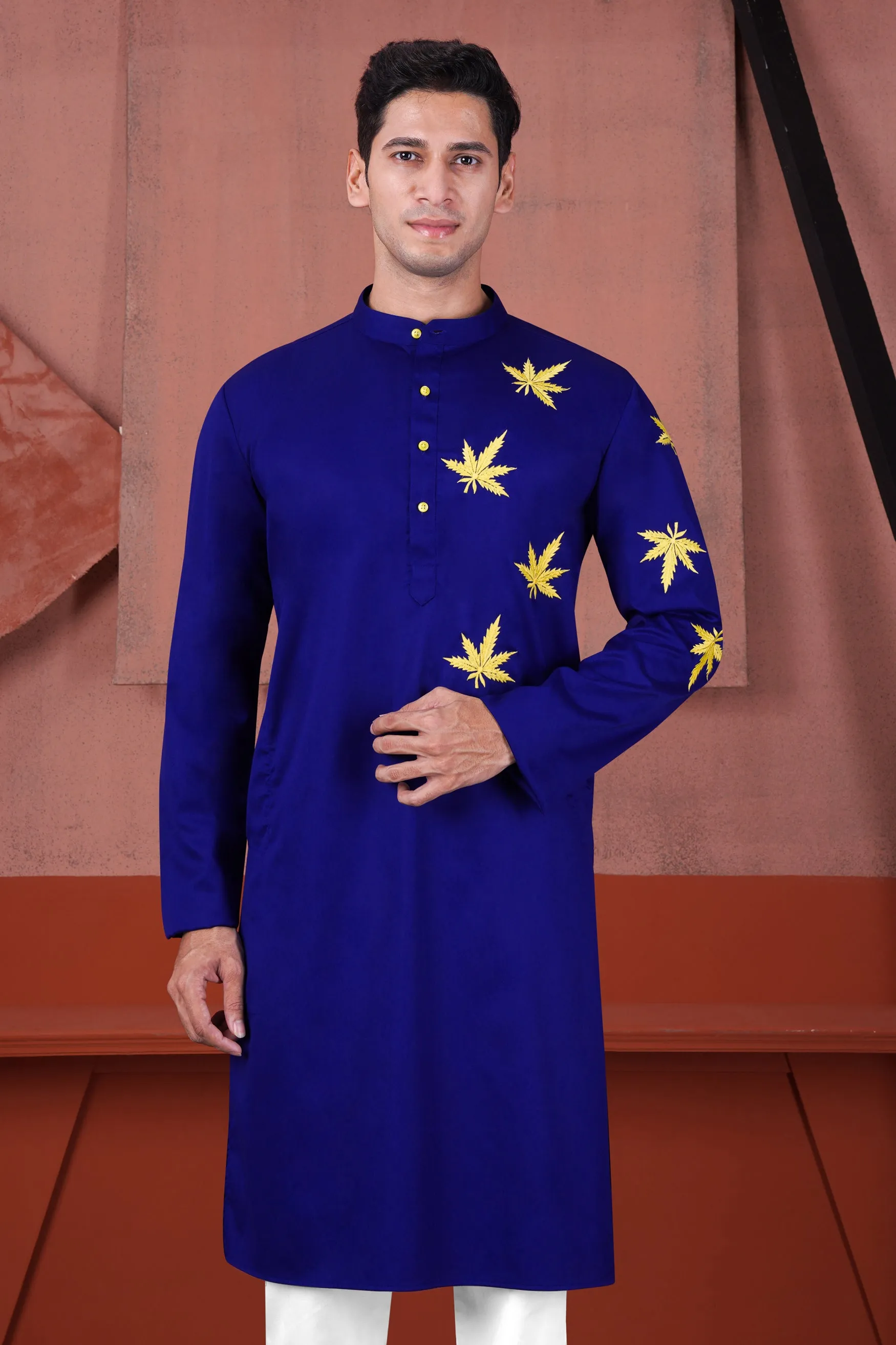 Arapawa Blue with Leaves Embroidered Subtle Sheen Super Soft Premium Cotton Designer Kurta