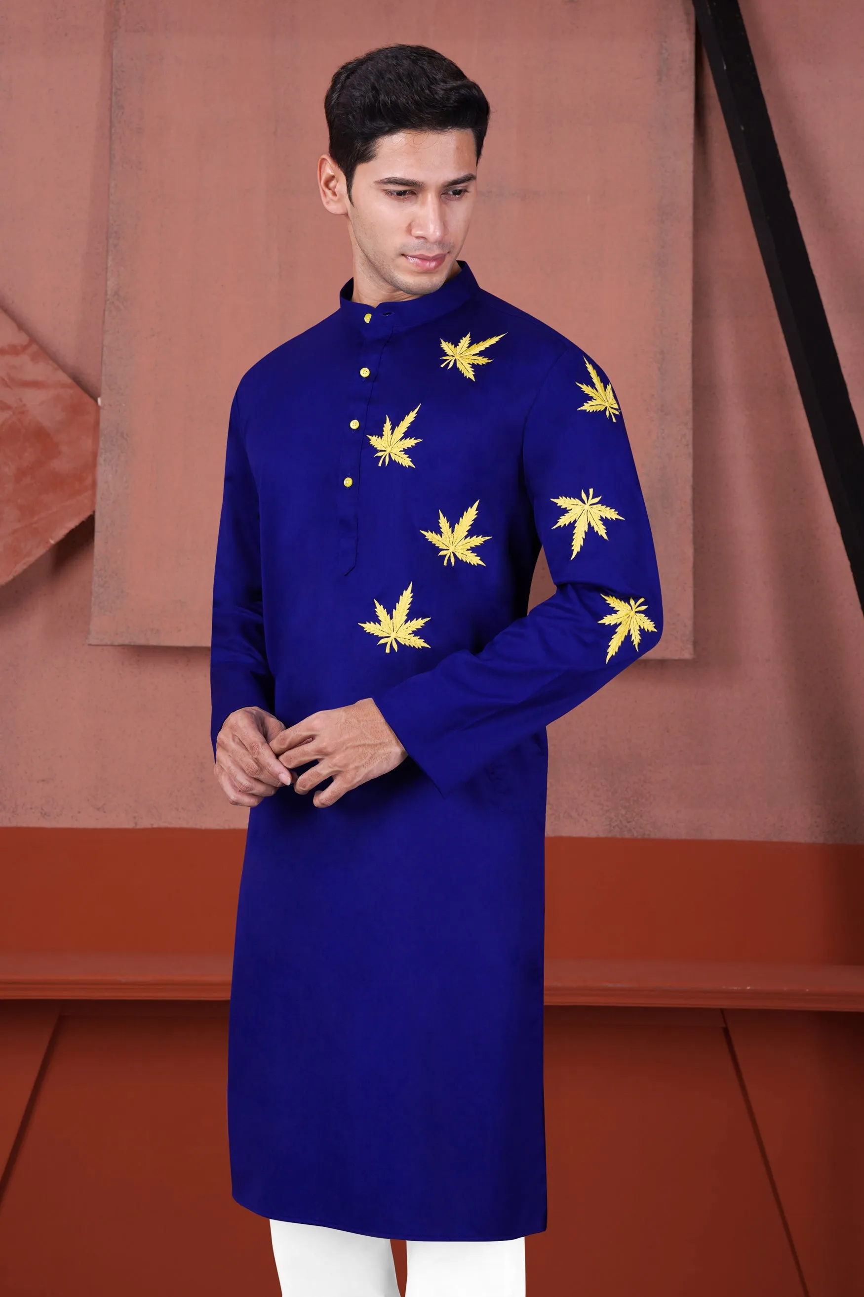 Arapawa Blue with Leaves Embroidered Subtle Sheen Super Soft Premium Cotton Designer Kurta