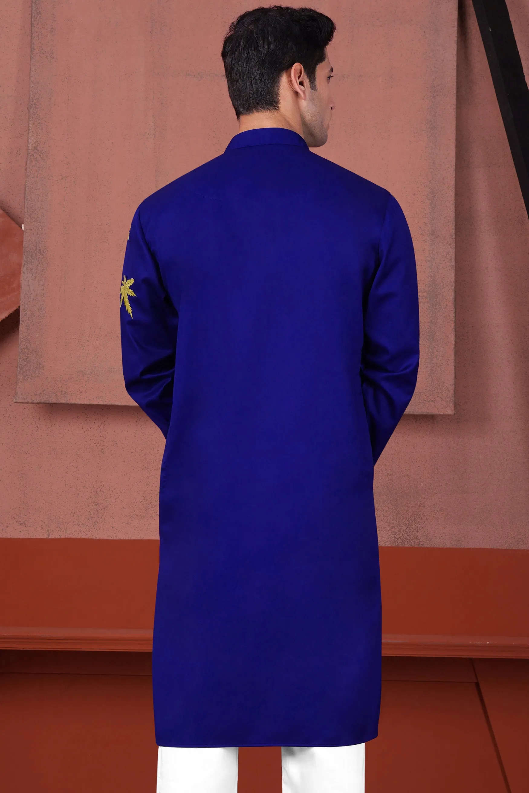 Arapawa Blue with Leaves Embroidered Subtle Sheen Super Soft Premium Cotton Designer Kurta