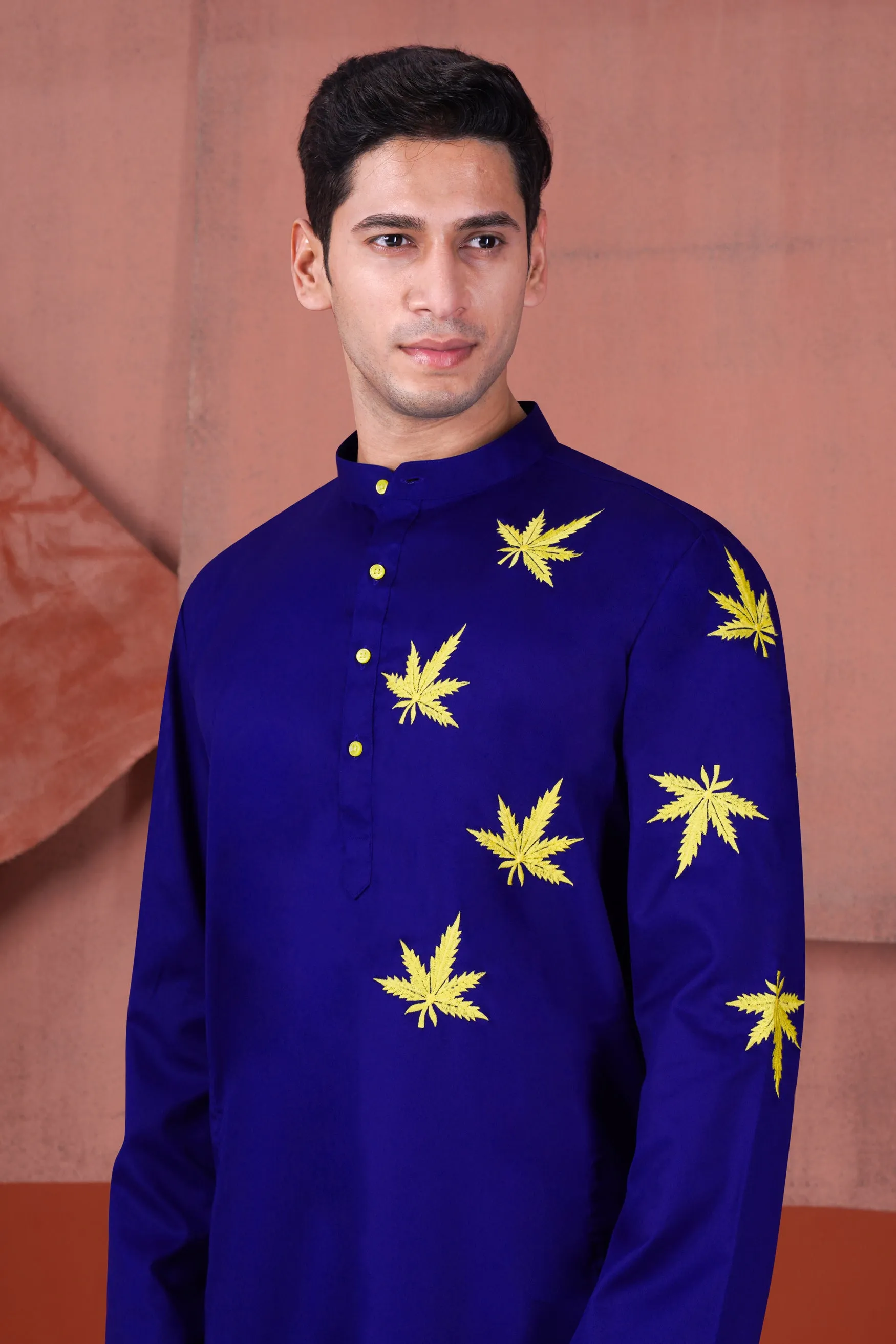 Arapawa Blue with Leaves Embroidered Subtle Sheen Super Soft Premium Cotton Designer Kurta