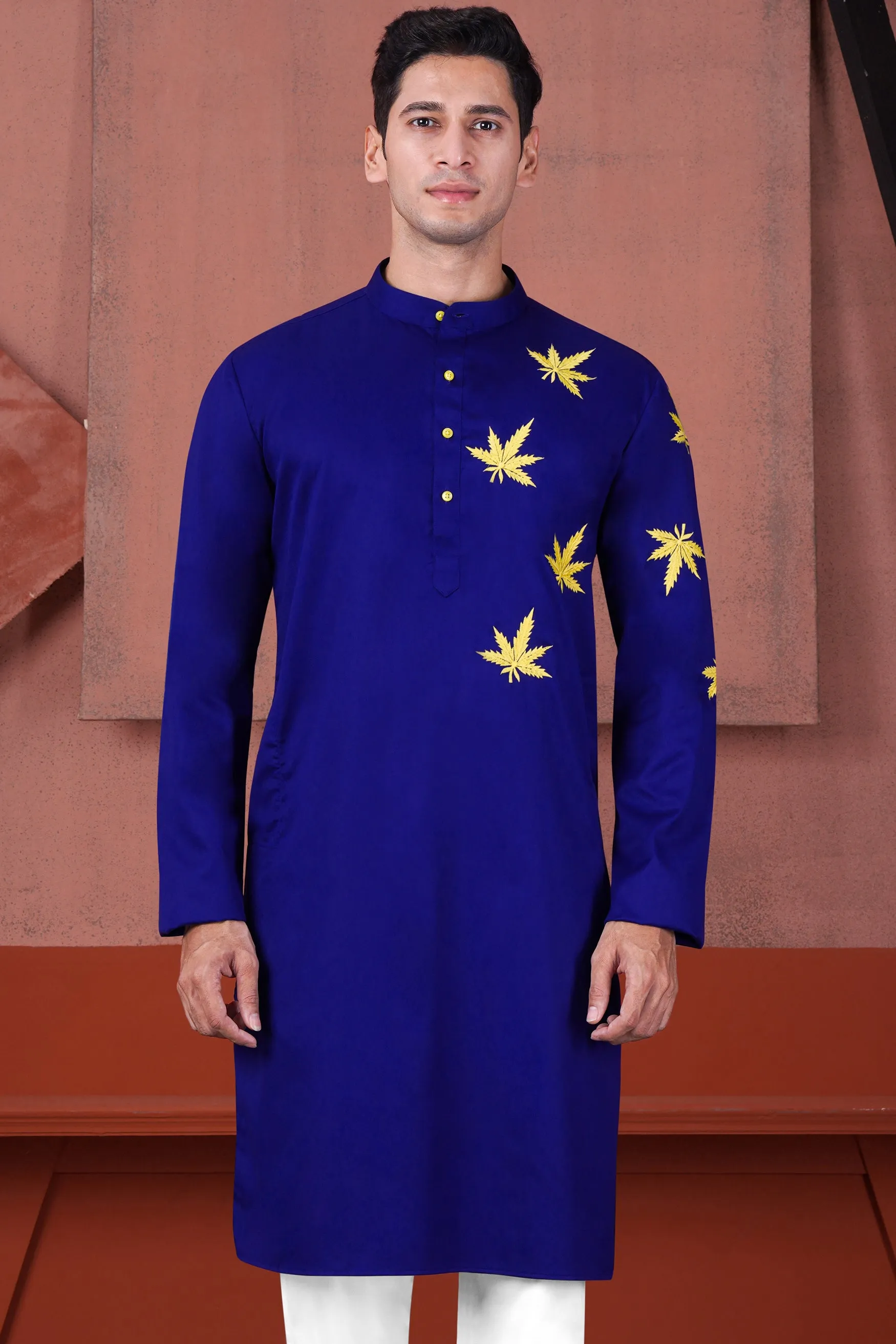 Arapawa Blue with Leaves Embroidered Subtle Sheen Super Soft Premium Cotton Designer Kurta