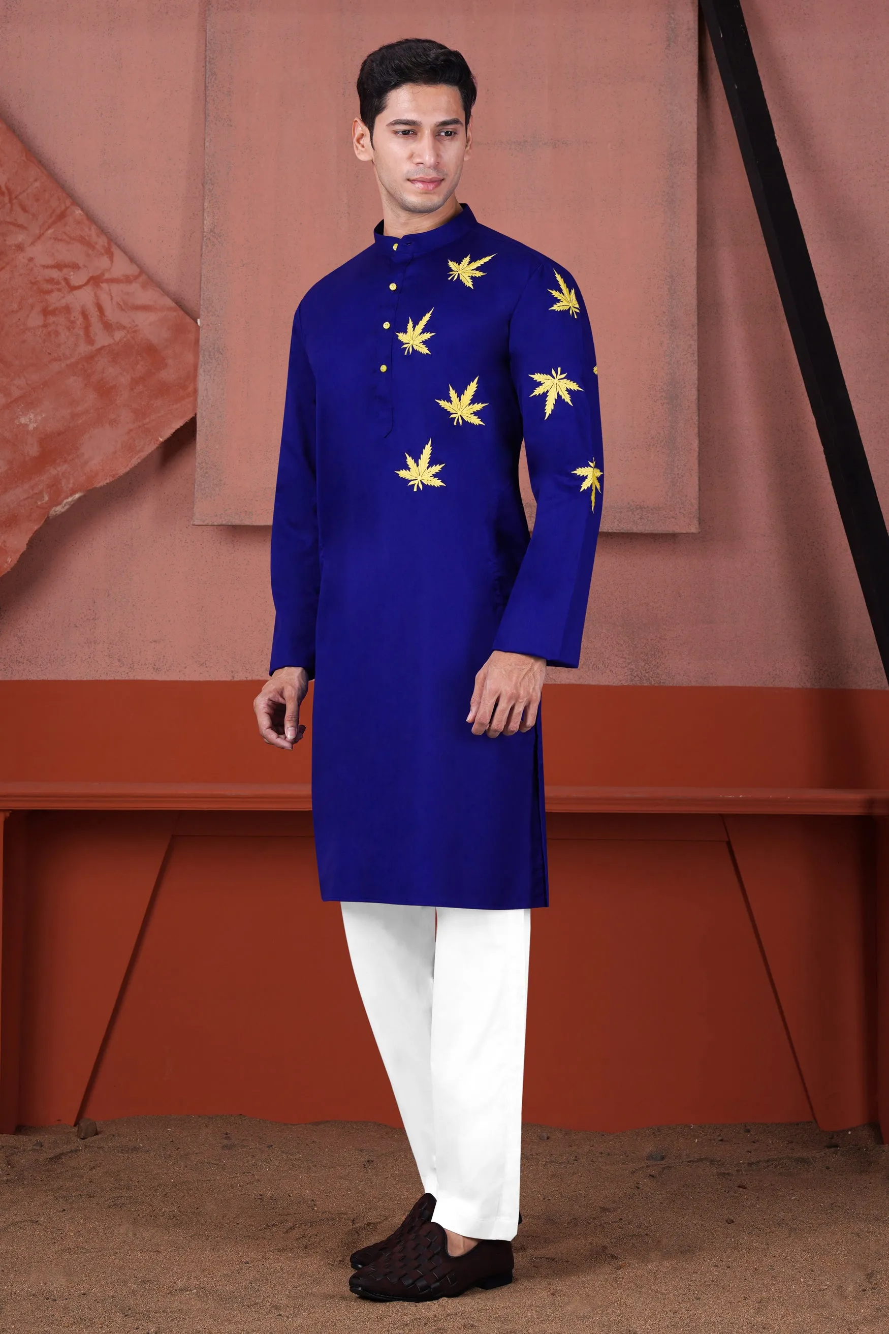 Arapawa Blue with Leaves Embroidered Subtle Sheen Super Soft Premium Cotton Designer Kurta