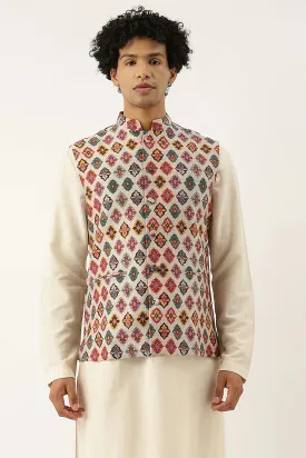 Beige Printed Jacket Vest