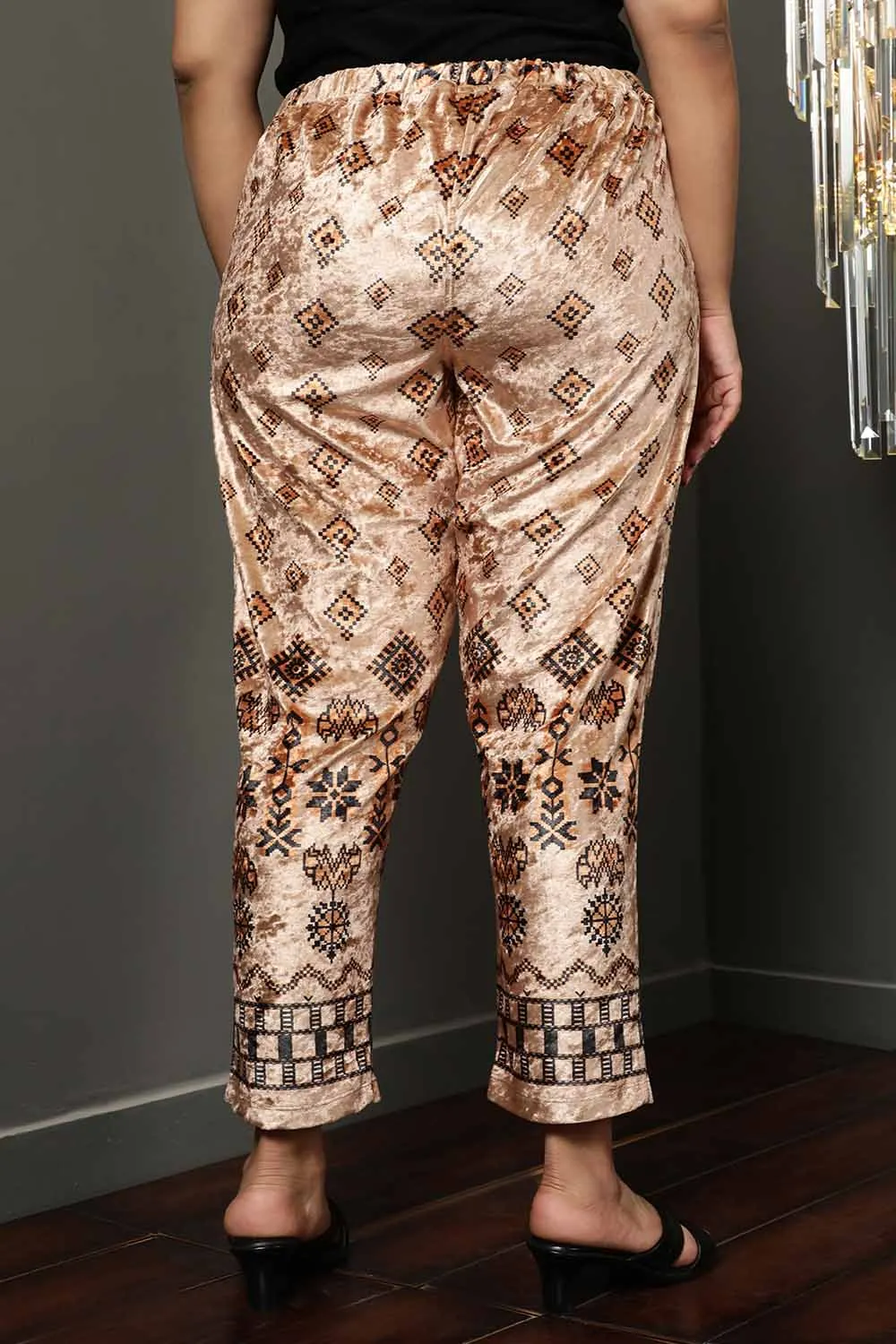 Beige Printed Velvet Pant