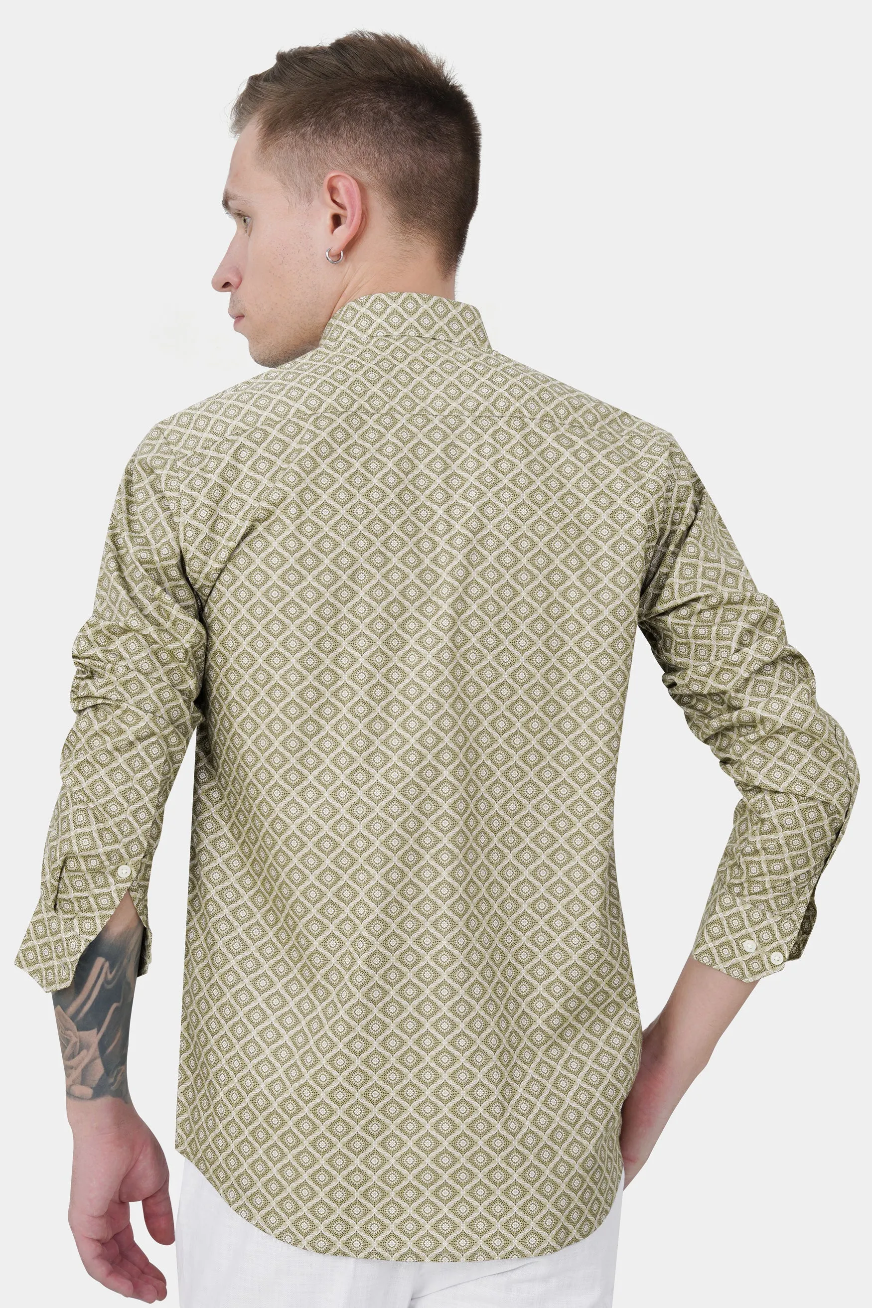 Bison Brown with Danube Blue and White Geometric Printed Premium Cotton Designer Shirt