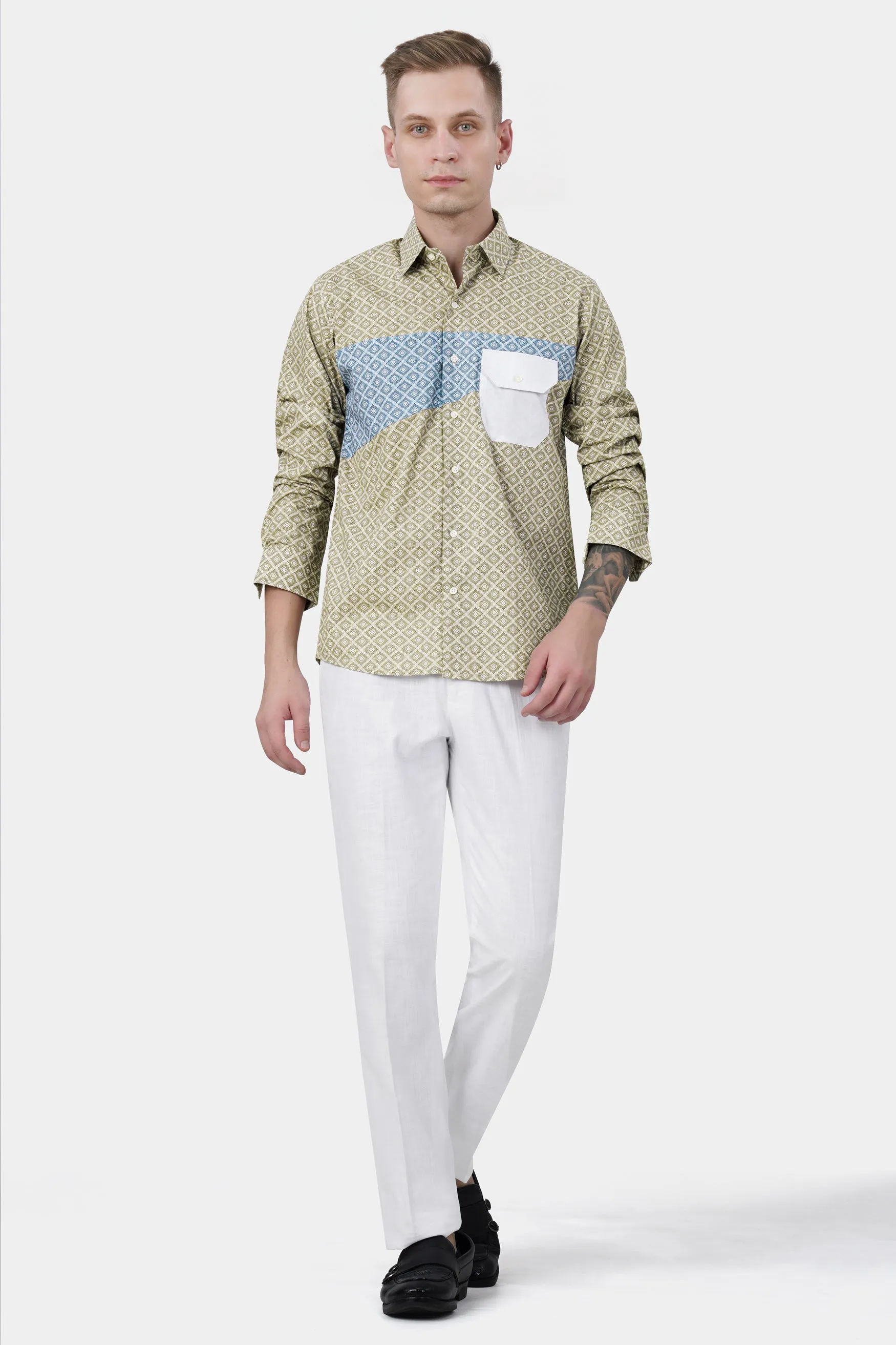 Bison Brown with Danube Blue and White Geometric Printed Premium Cotton Designer Shirt
