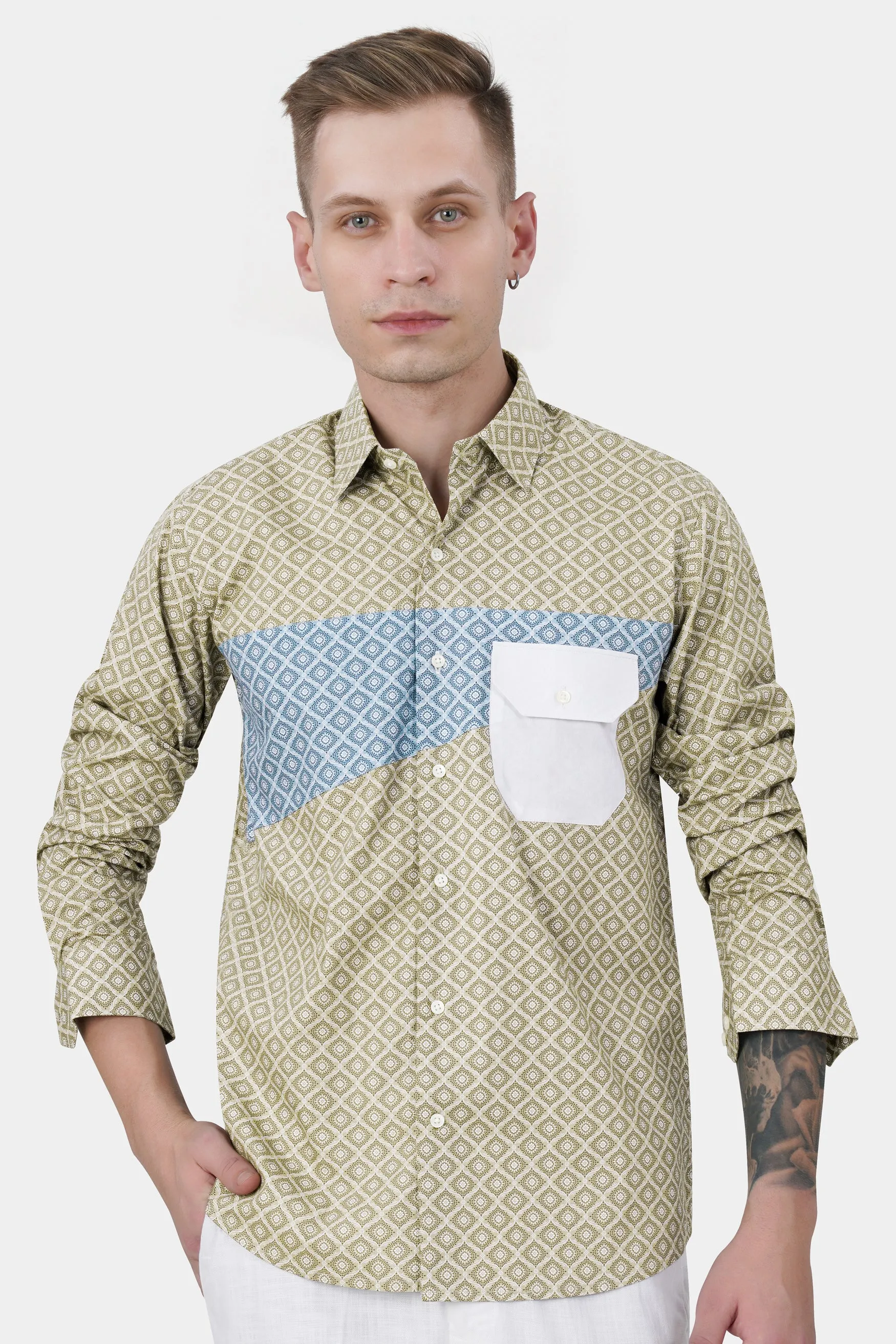 Bison Brown with Danube Blue and White Geometric Printed Premium Cotton Designer Shirt