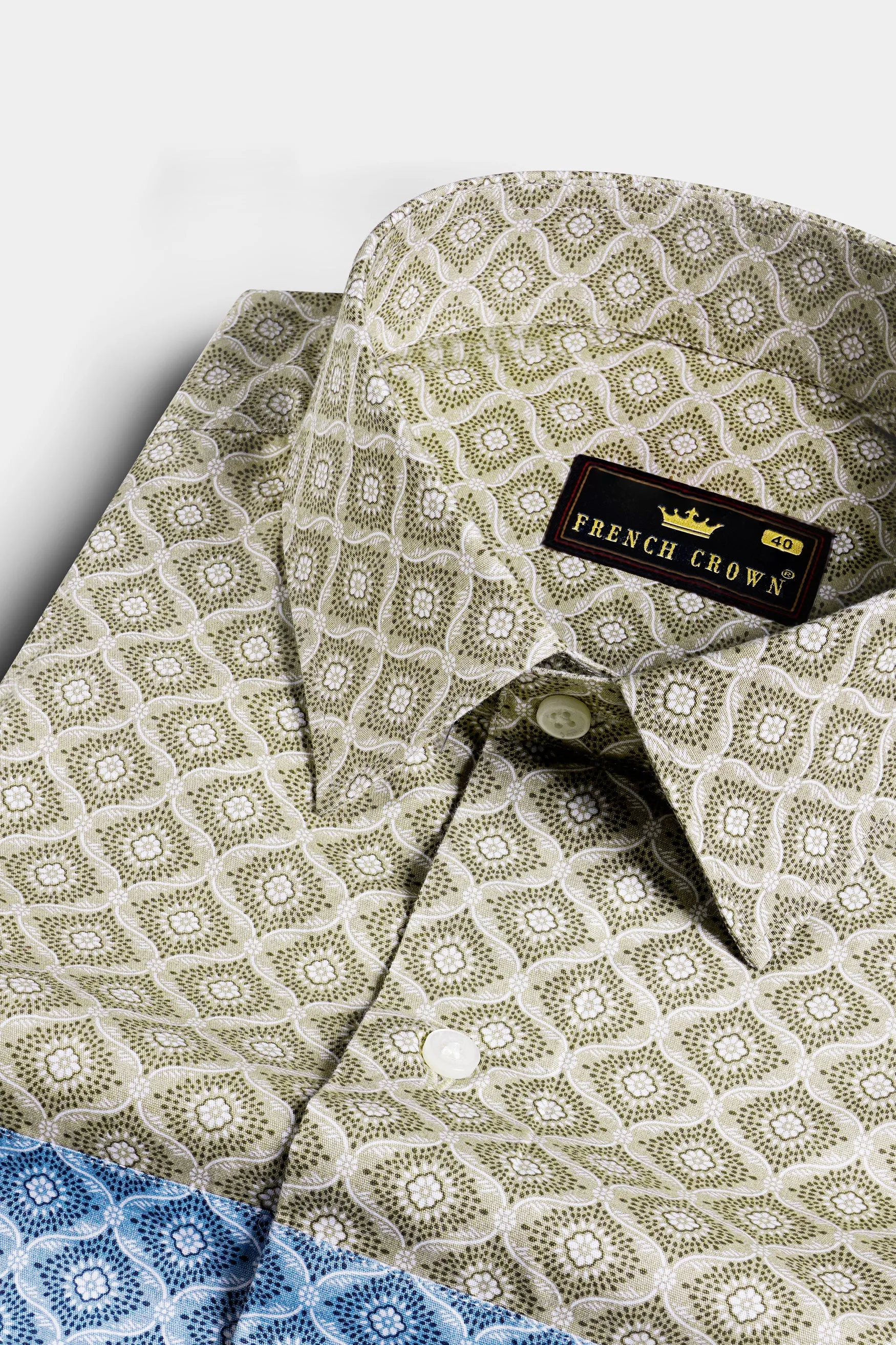 Bison Brown with Danube Blue and White Geometric Printed Premium Cotton Designer Shirt