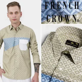 Bison Brown with Danube Blue and White Geometric Printed Premium Cotton Designer Shirt