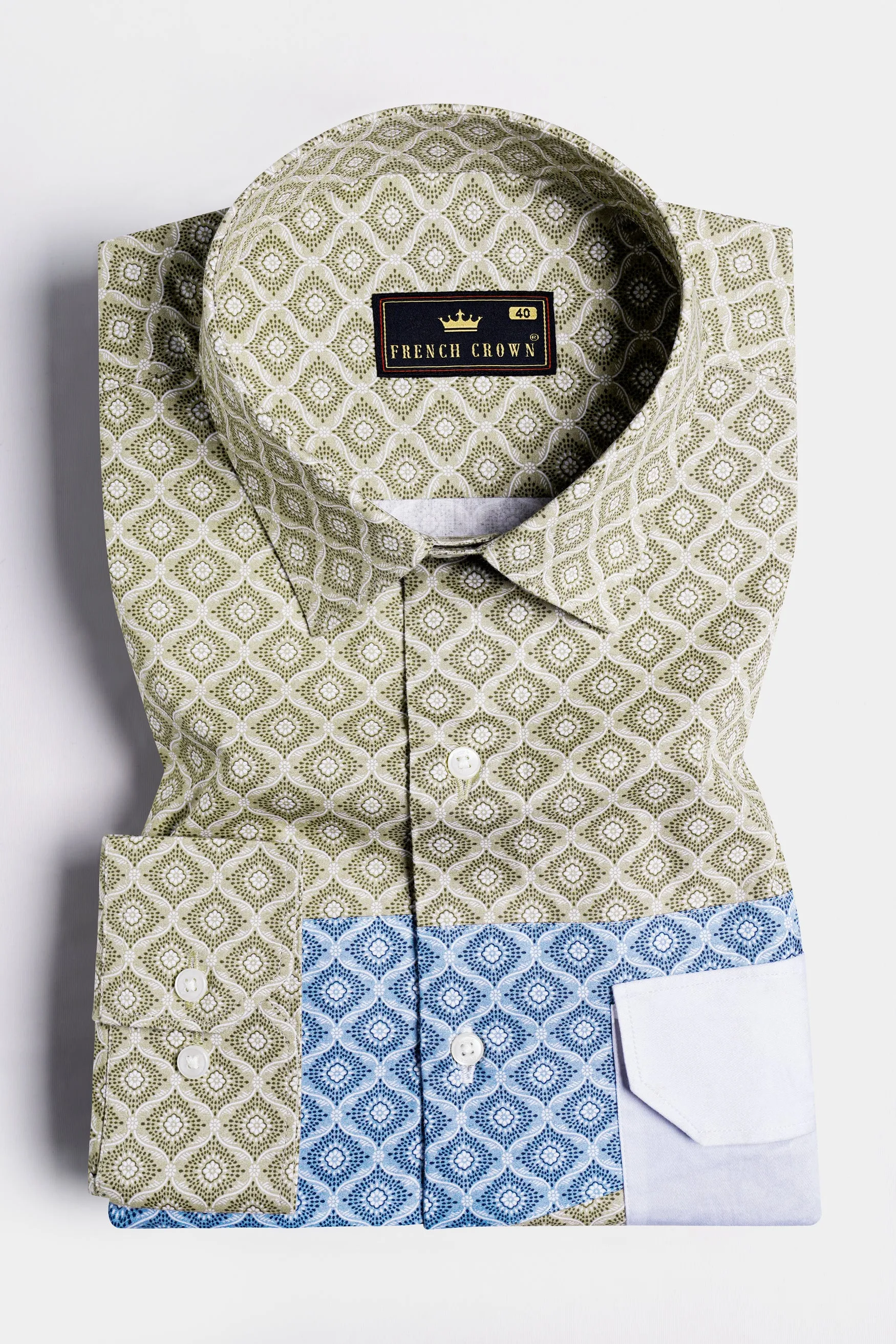 Bison Brown with Danube Blue and White Geometric Printed Premium Cotton Designer Shirt