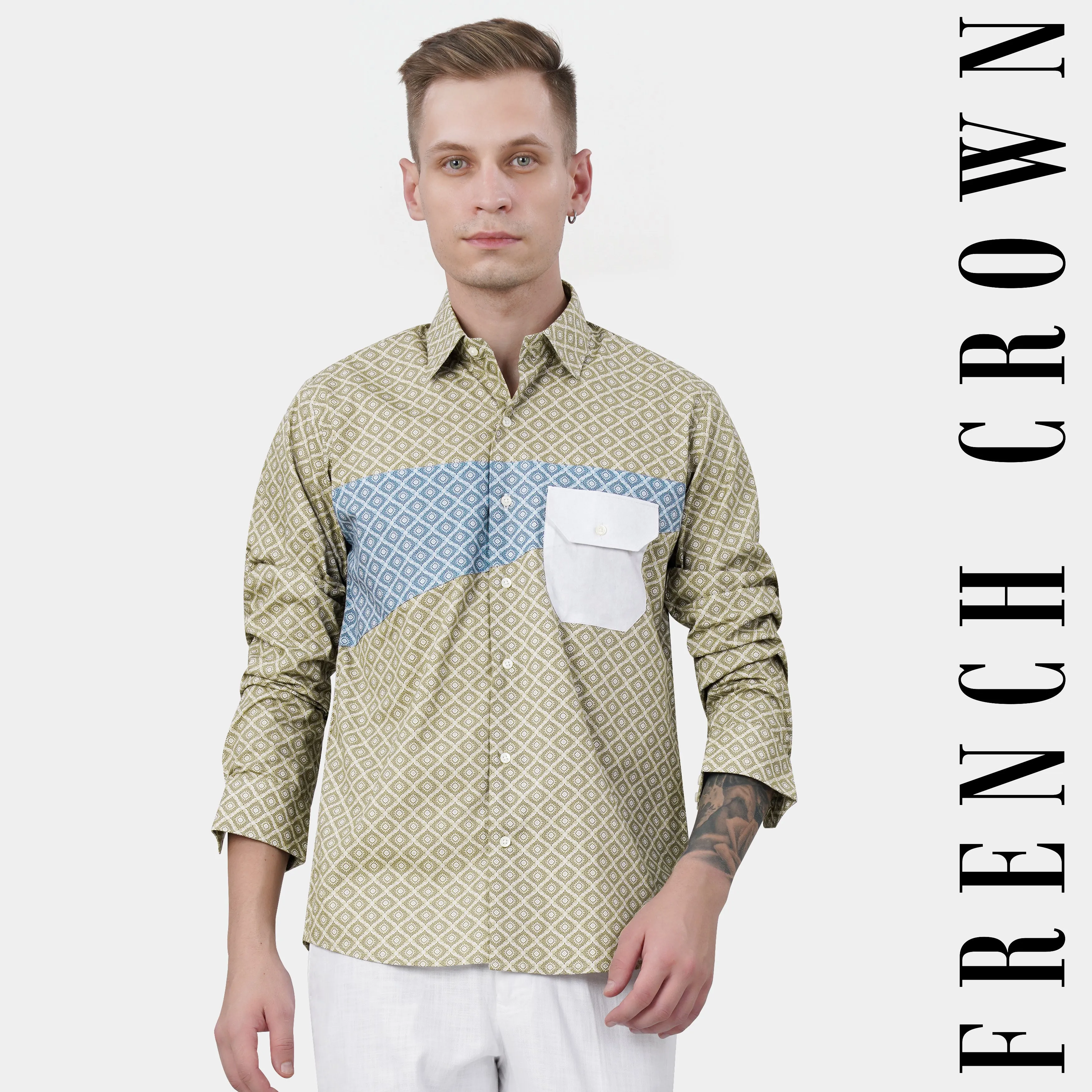 Bison Brown with Danube Blue and White Geometric Printed Premium Cotton Designer Shirt