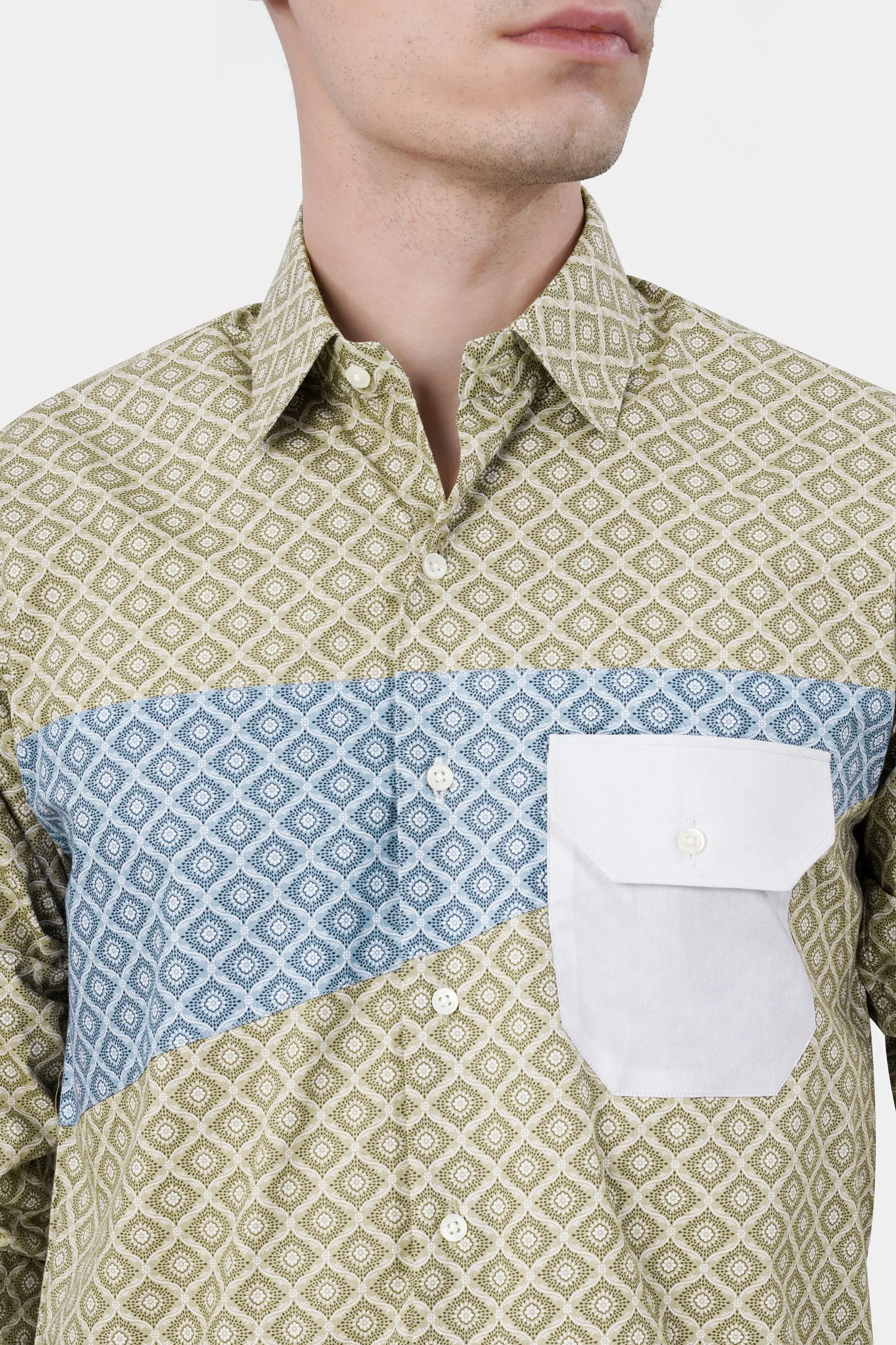 Bison Brown with Danube Blue and White Geometric Printed Premium Cotton Designer Shirt