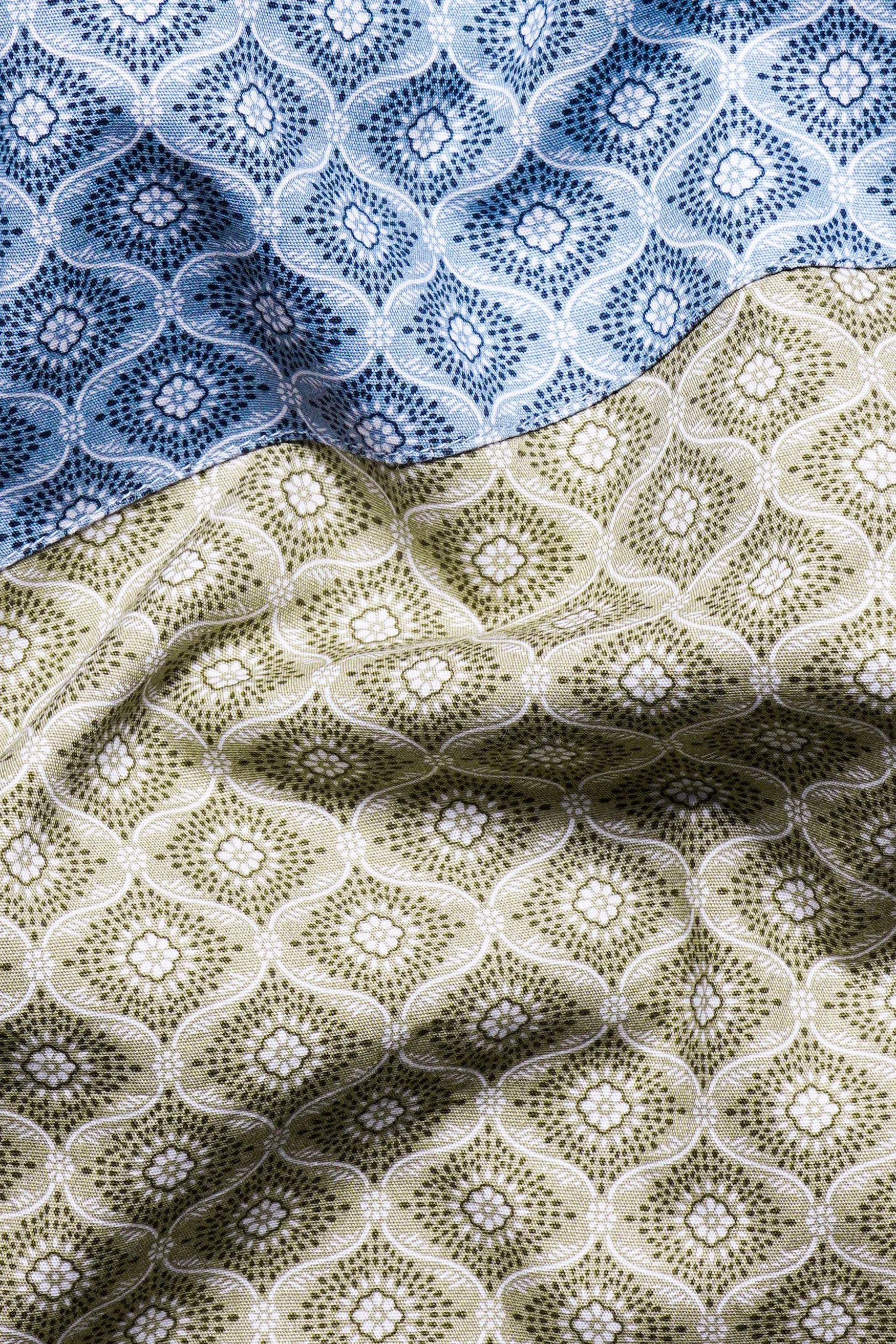 Bison Brown with Danube Blue and White Geometric Printed Premium Cotton Designer Shirt