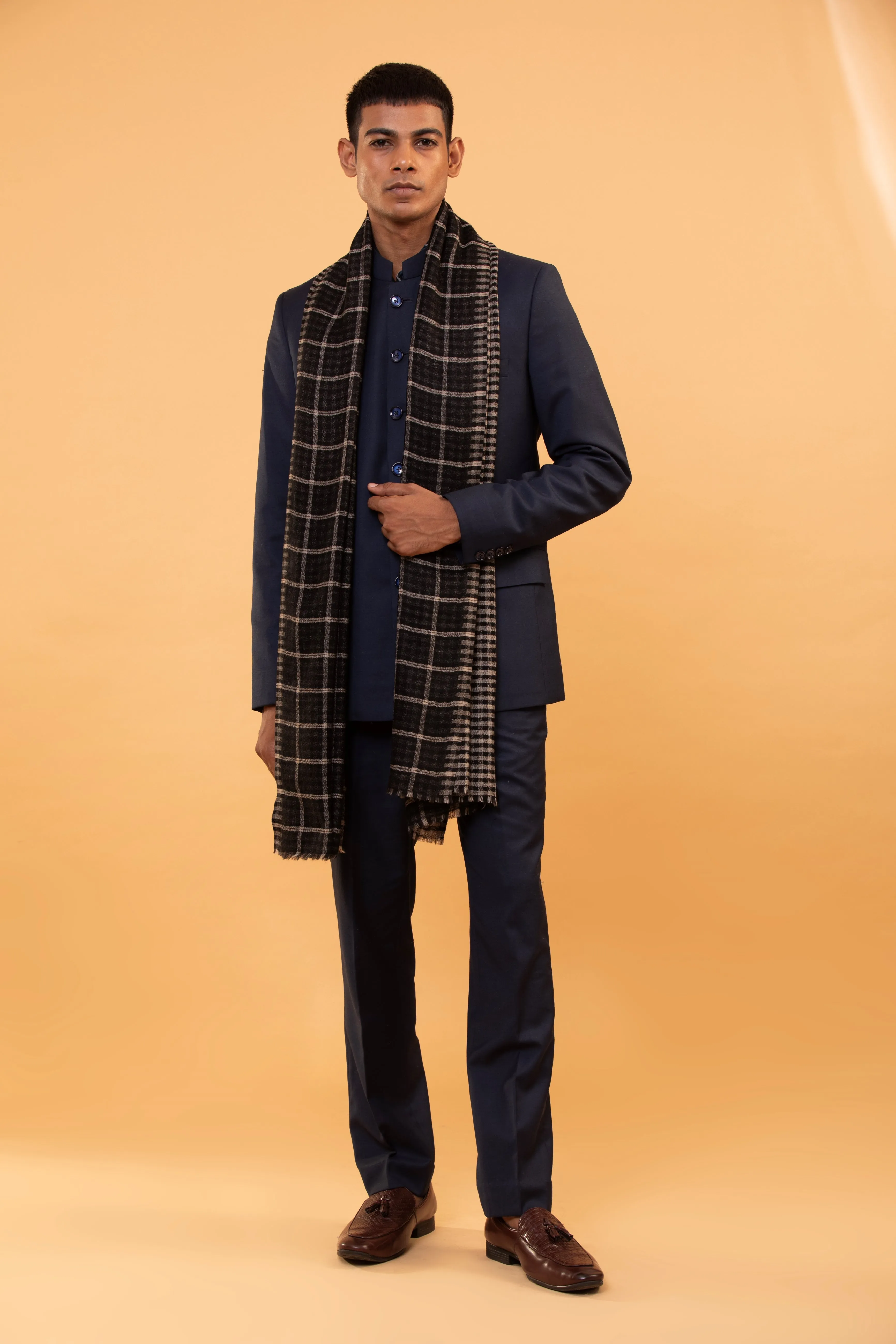Black Checked Reversible Woolen Shawl for Men