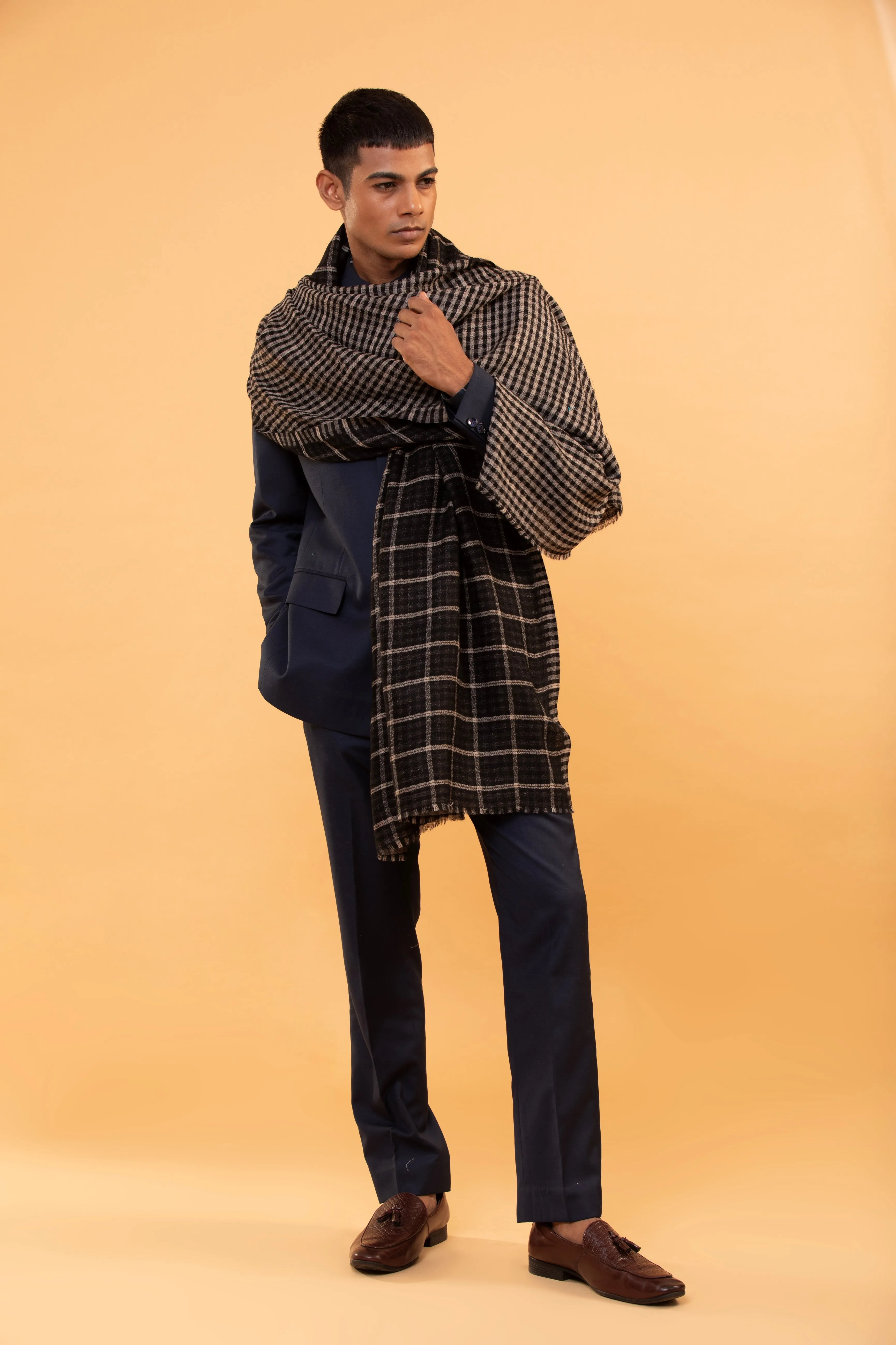 Black Checked Reversible Woolen Shawl for Men