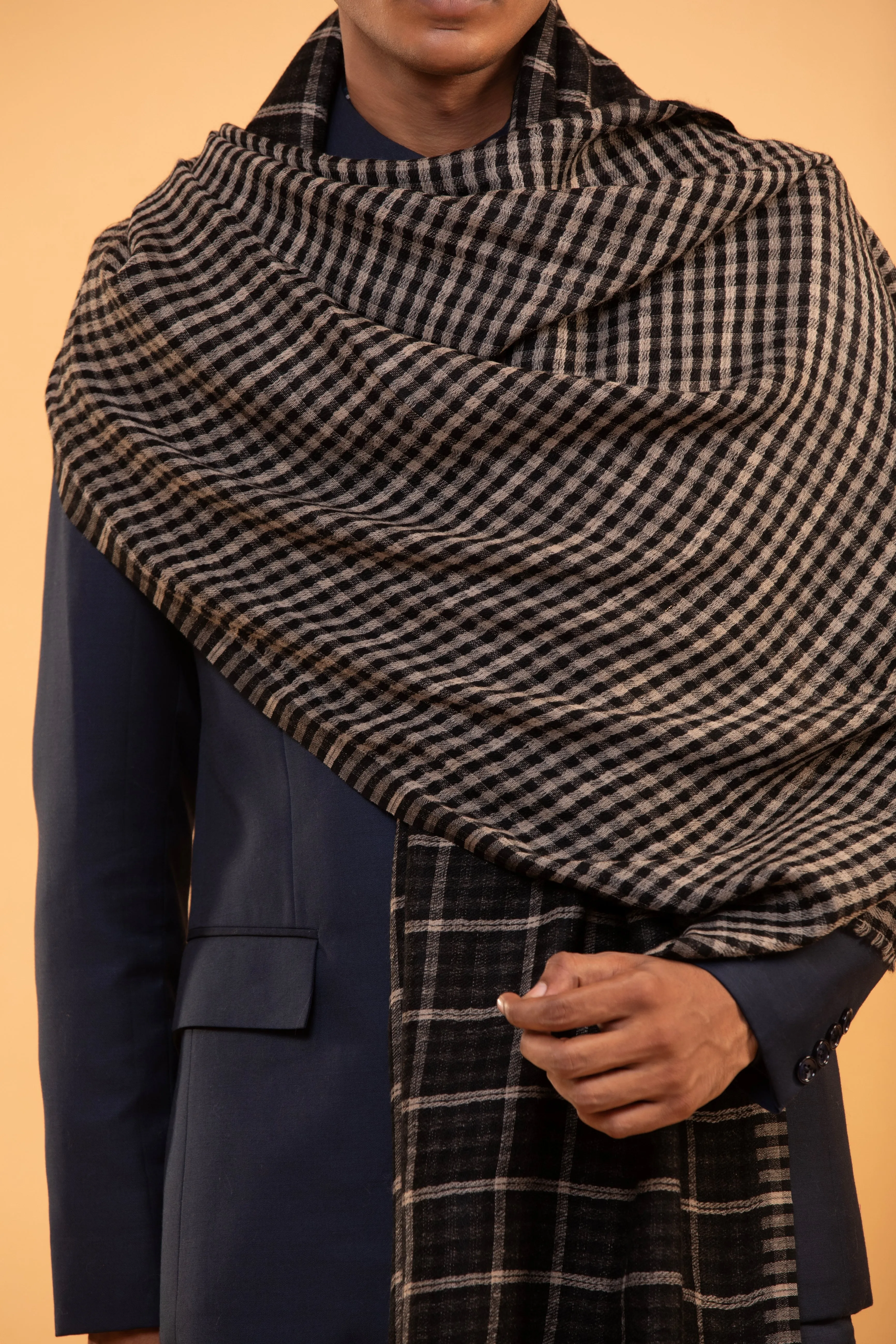 Black Checked Reversible Woolen Shawl for Men