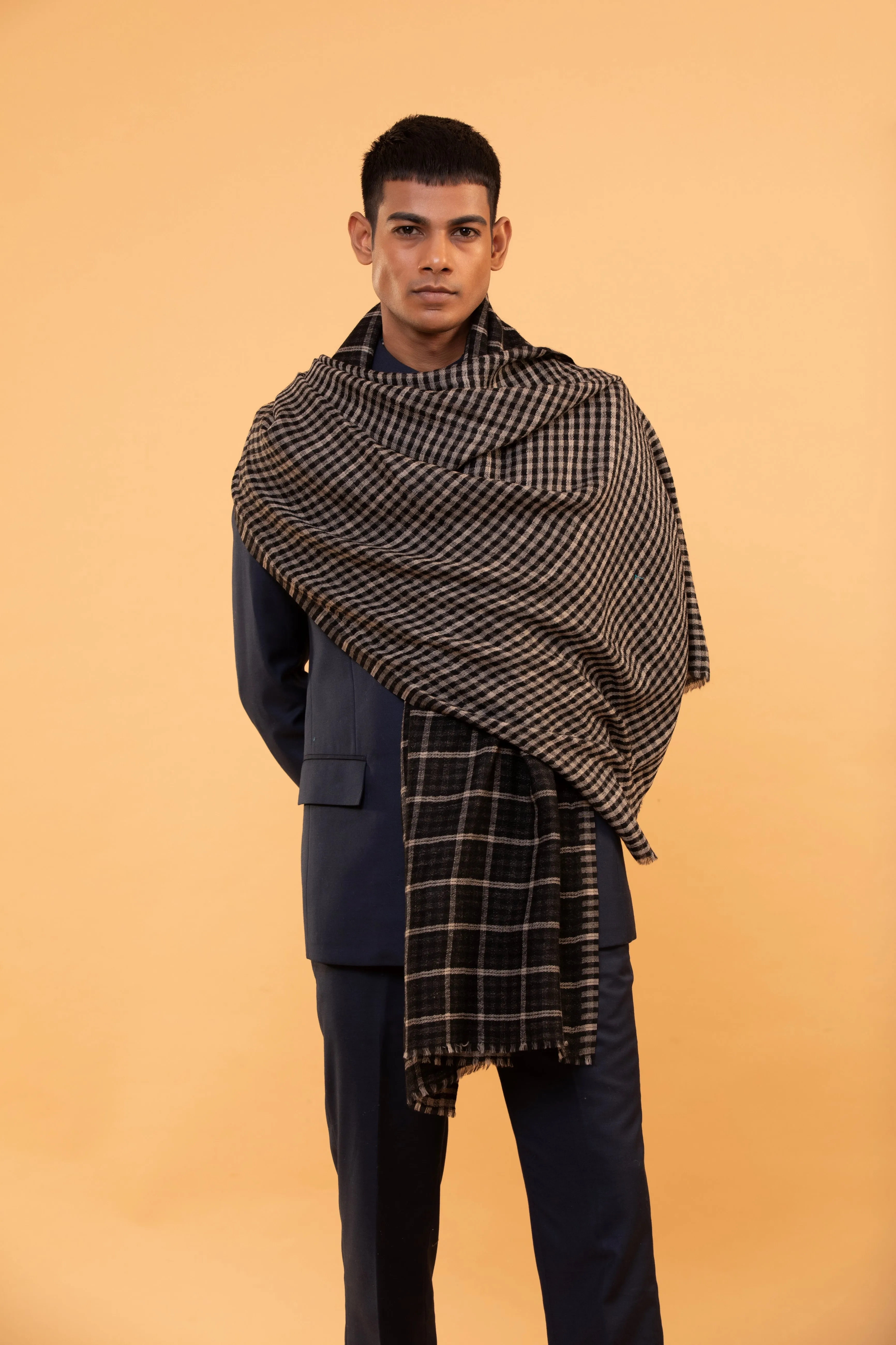 Black Checked Reversible Woolen Shawl for Men