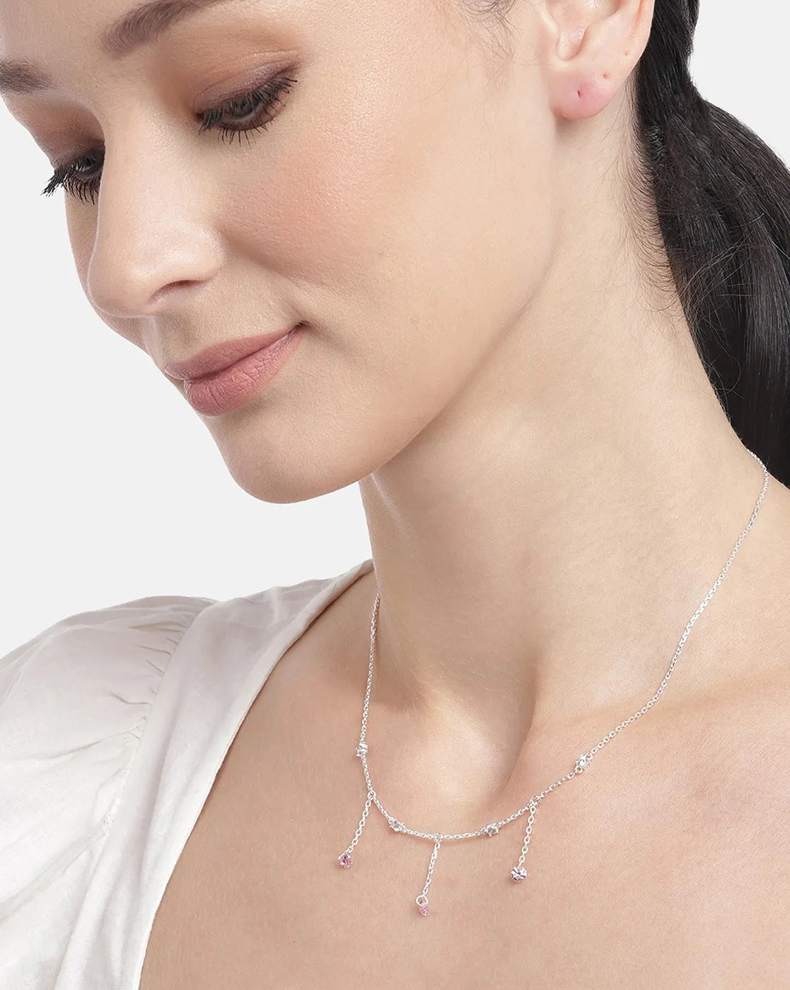 Carlton London  Rhodium Plated Classic Necklace With Dangling Solitaire
