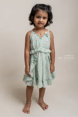 Charming Green Floral Printed Ruffled Chiffon Frock For baby girls