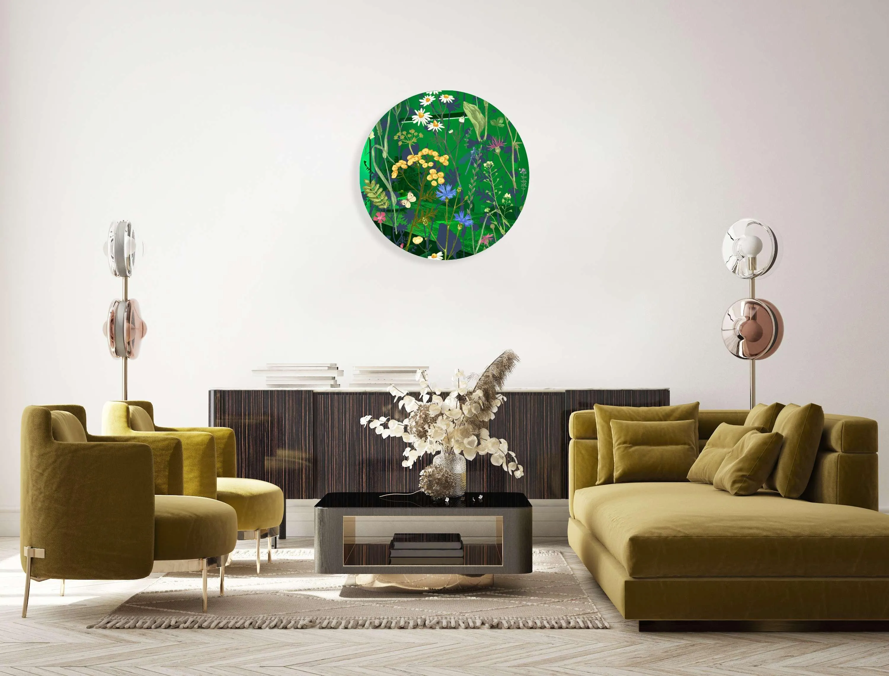 Colorful Herbs and Flowers on Dark Background Printed Mirror Acrylic Circles