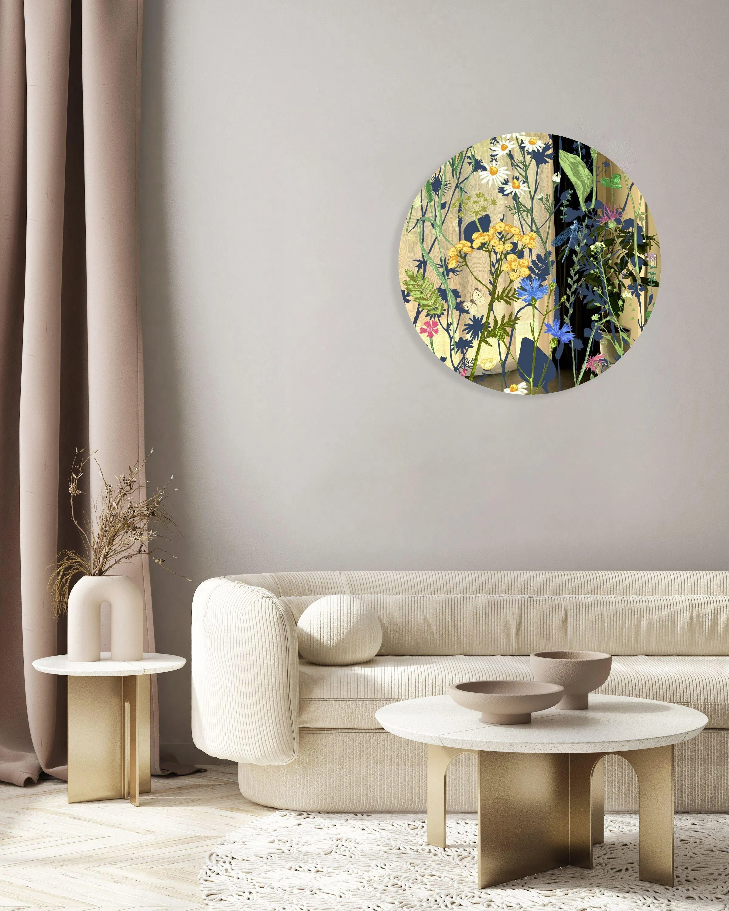 Colorful Herbs and Flowers on Dark Background Printed Mirror Acrylic Circles