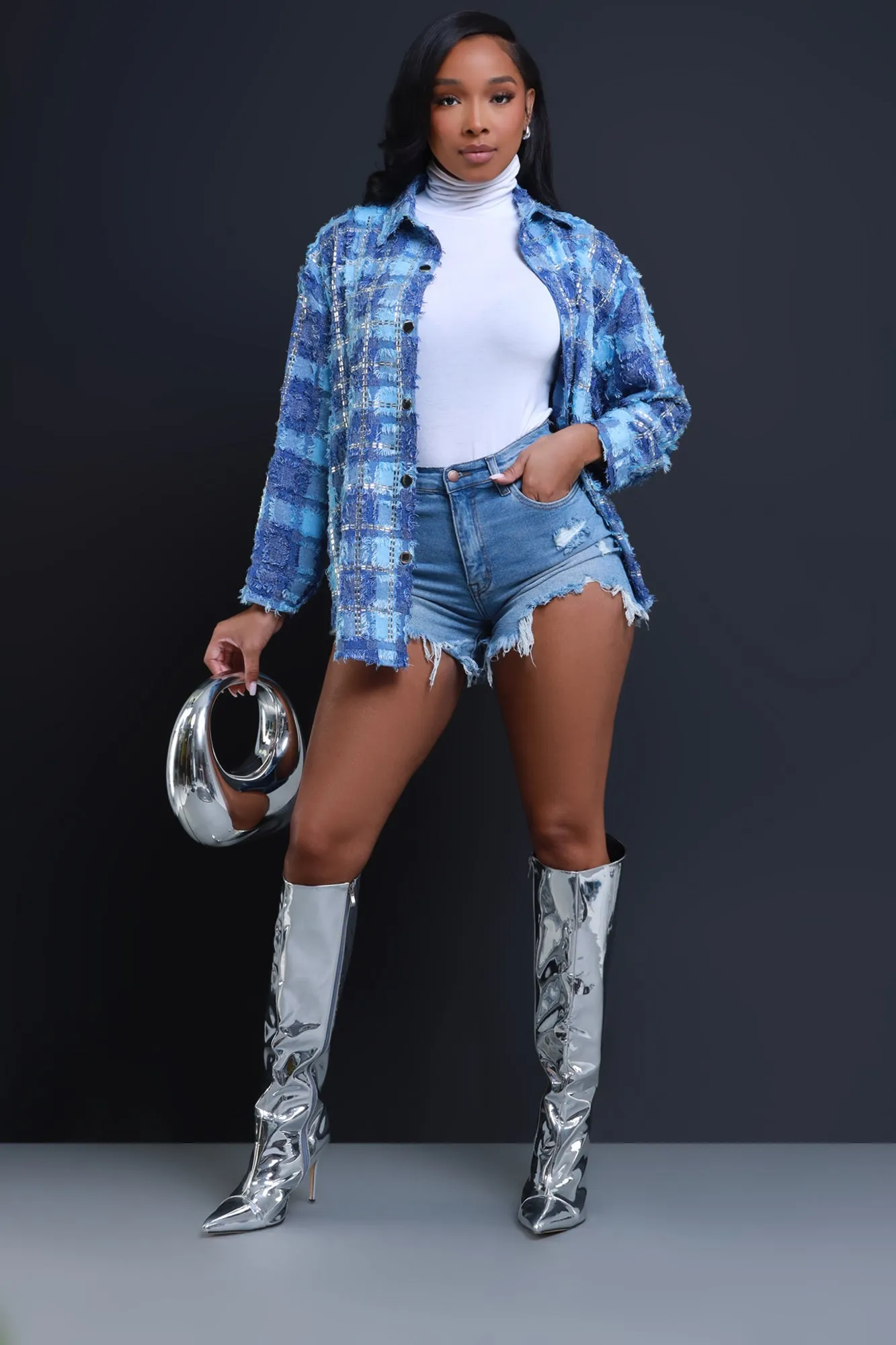 Come Up Oversized Embellished Button Down Top - Blue