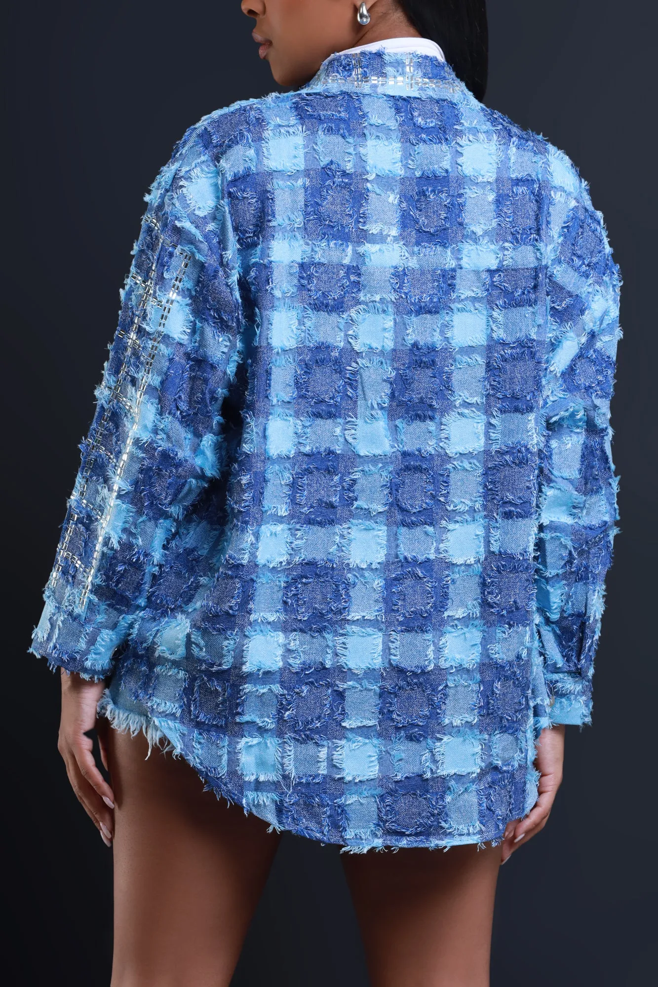 Come Up Oversized Embellished Button Down Top - Blue