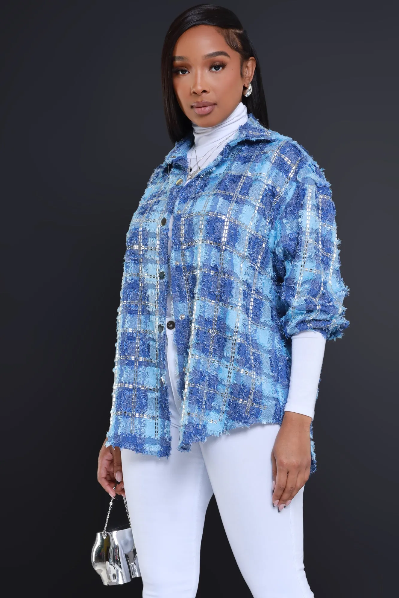 Come Up Oversized Embellished Button Down Top - Blue