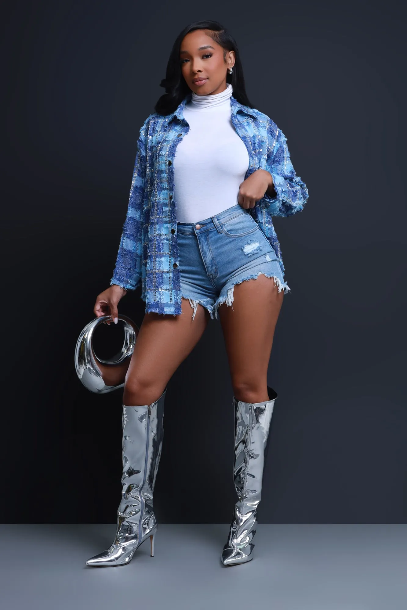 Come Up Oversized Embellished Button Down Top - Blue