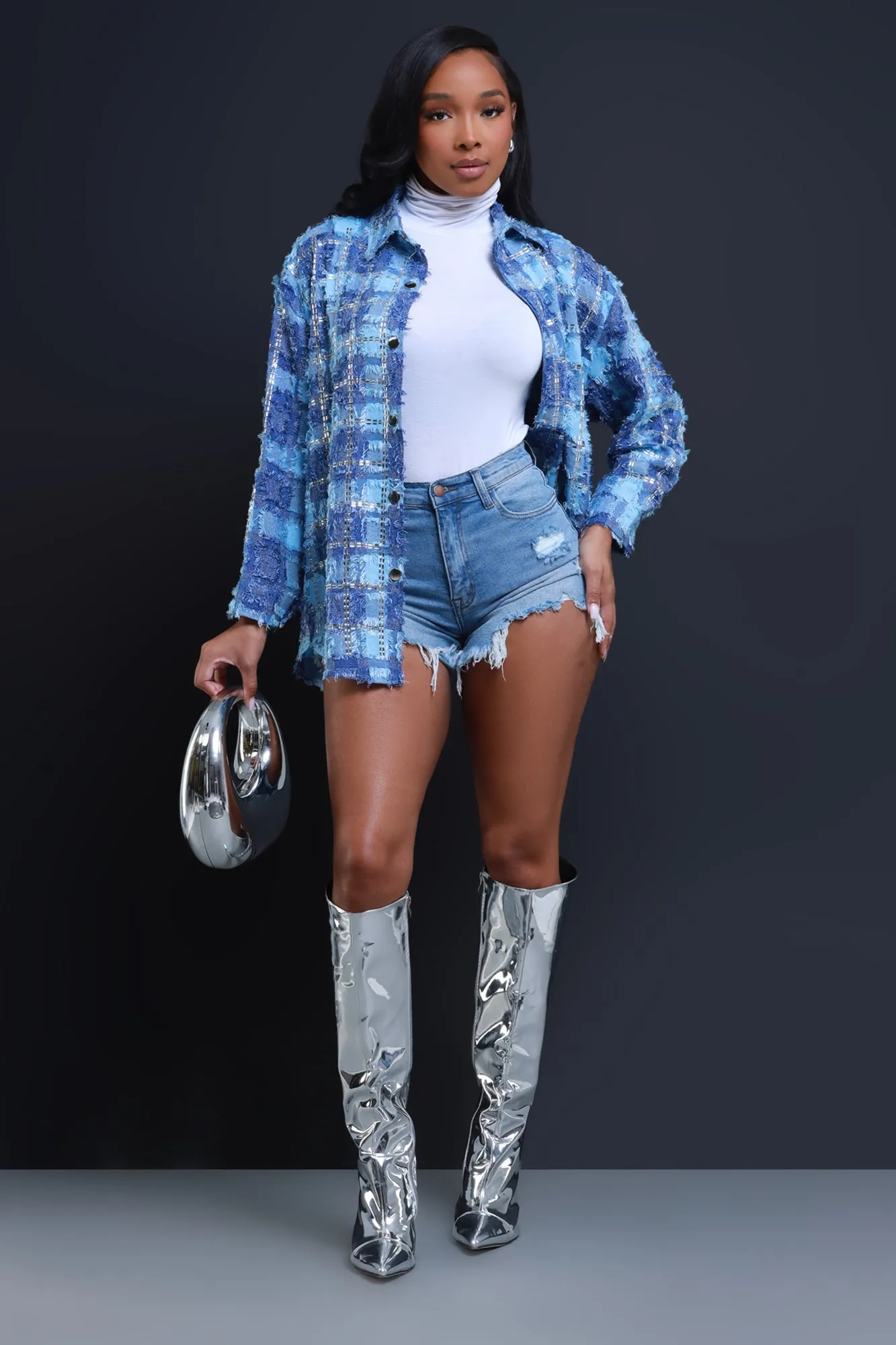 Come Up Oversized Embellished Button Down Top - Blue