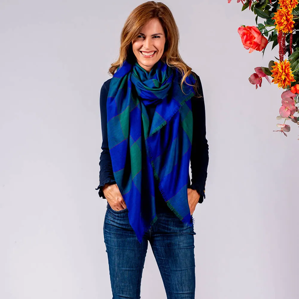 Emerald and Sapphire Check Cashmere Ring Shawl