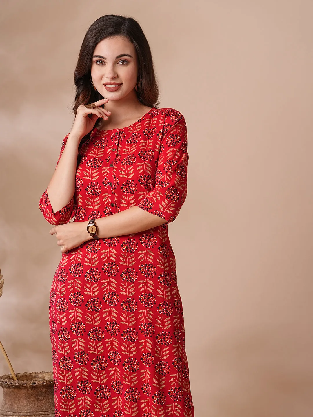 Ethnic Floral Printed Straight Fit Kurta - Red