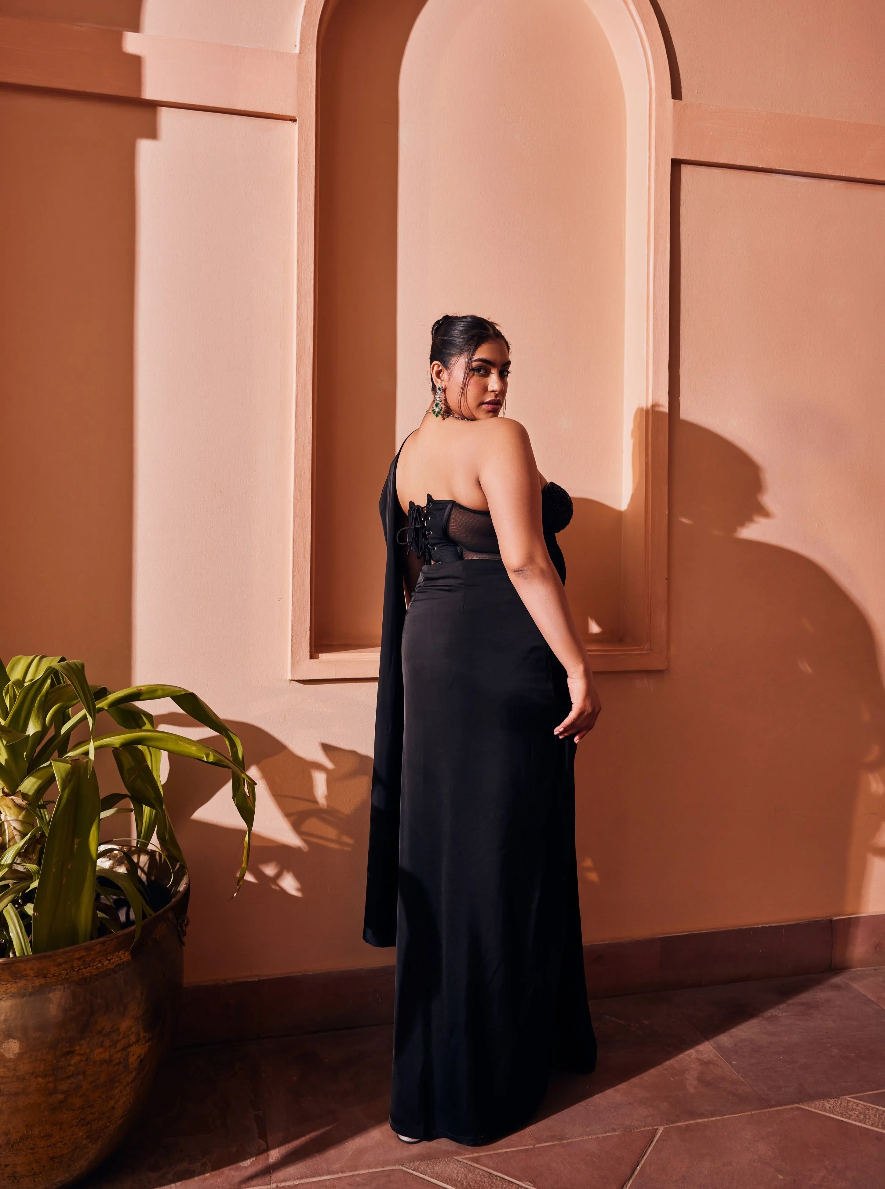 Fida Black Corset Blouse and Saree Set
