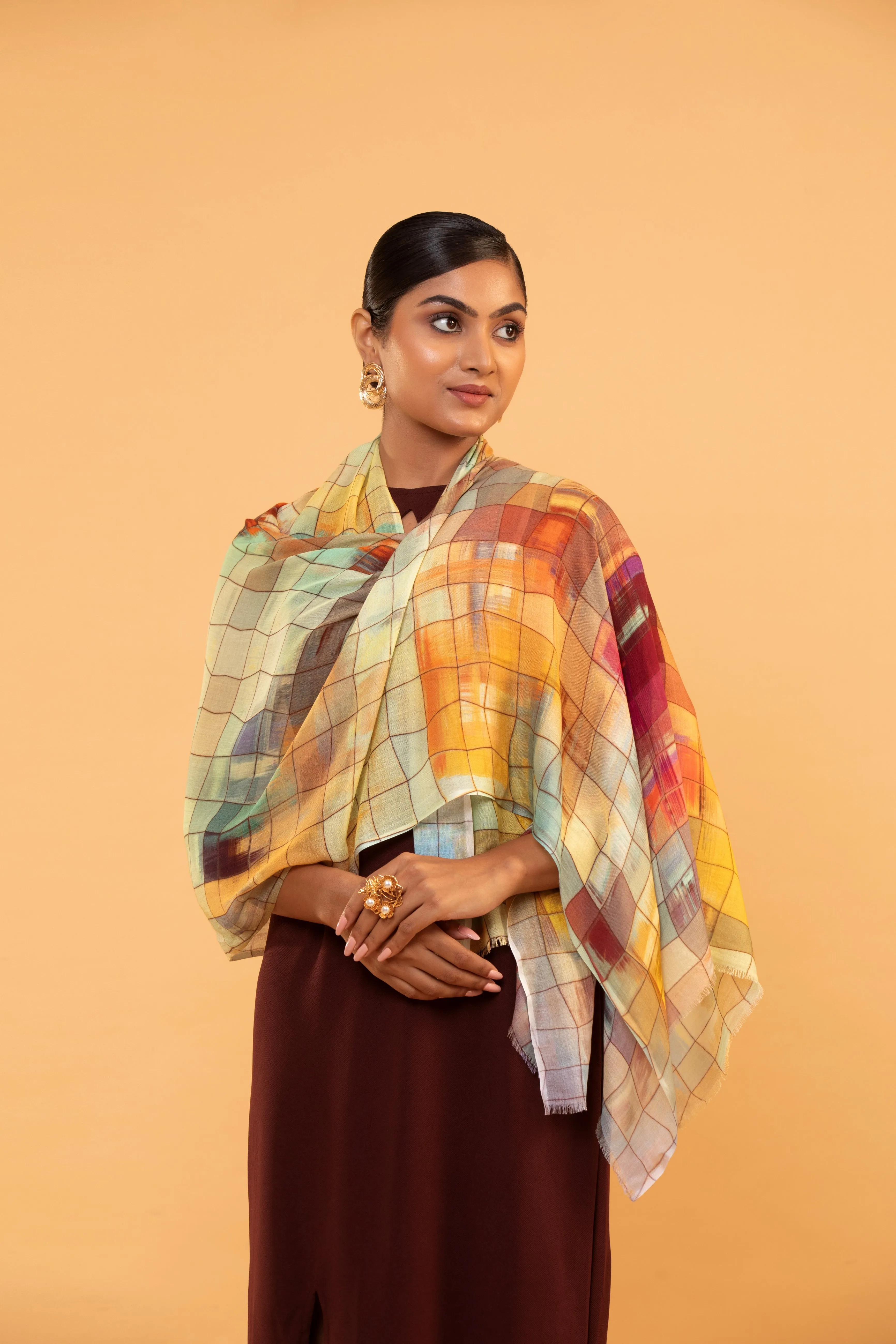 Fine Wool Loom Woven Stole – Multicolour Checked Design
